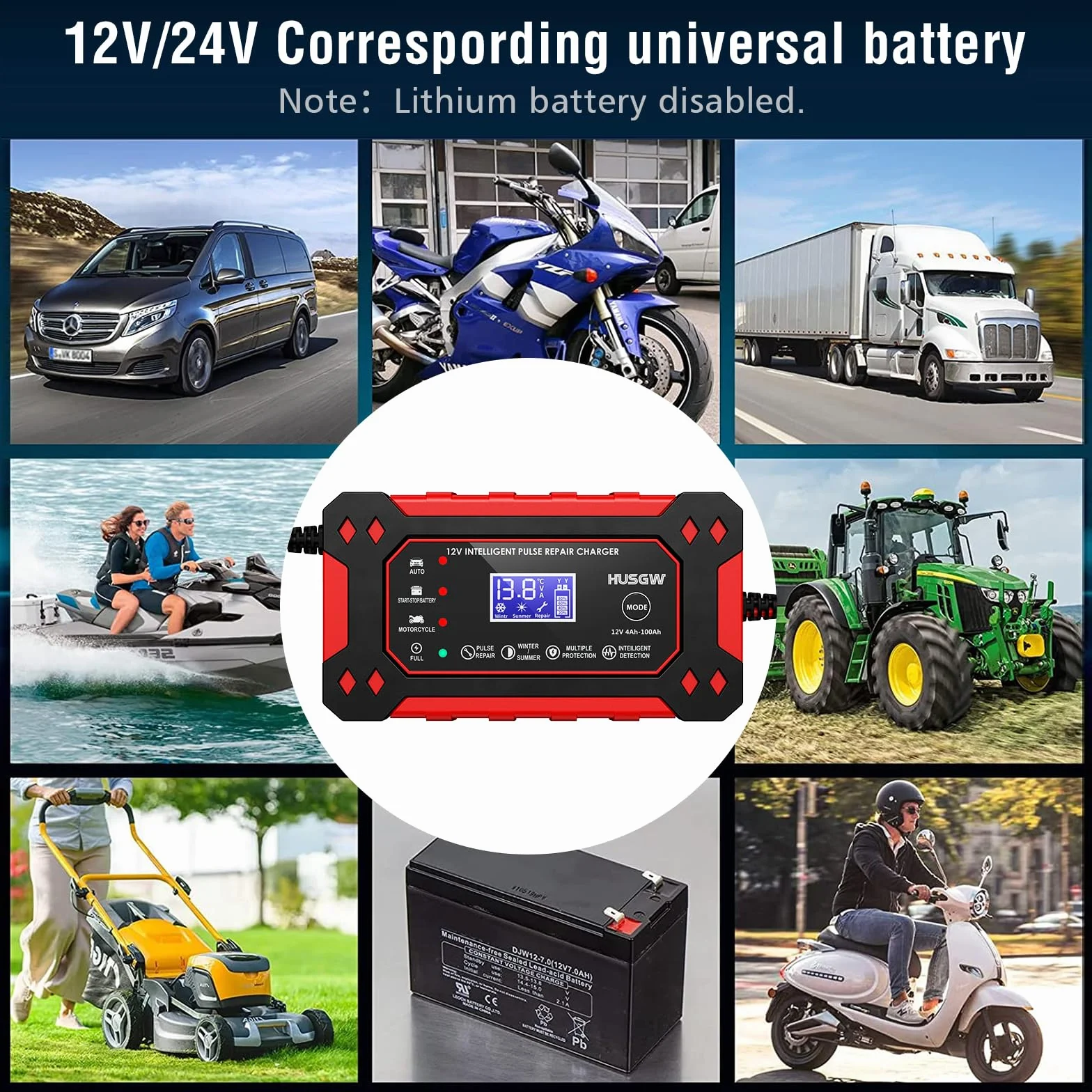 Caricabatterie Intelligente 12V 6A con Riparazione Automatica Display LCD per Auto Moto Camion AGM Gel SLA 2-100Ah