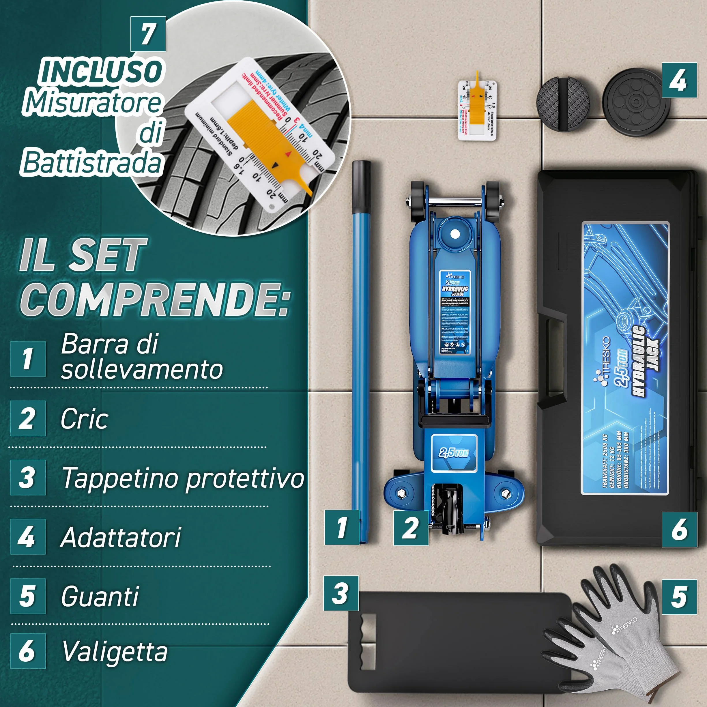 TRESKO Cric idraulico 2,5T altezza 85-385 mm con valigetta