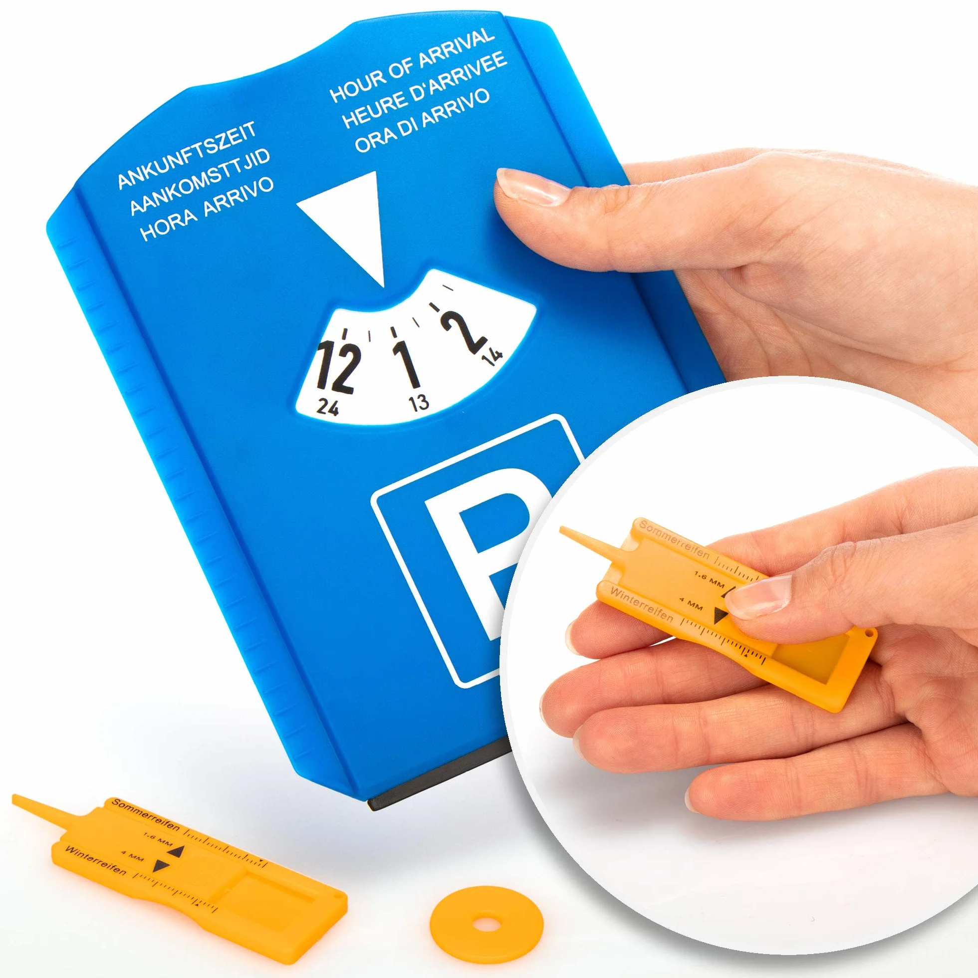 com-four® 2X Disco di Parcheggio con Raschia-Ghiaccio, Labbro di Gomma, Chip Carrello Spesa e Misuratore Battistrada - Parchimetro in Plastica (02 Pezzi)