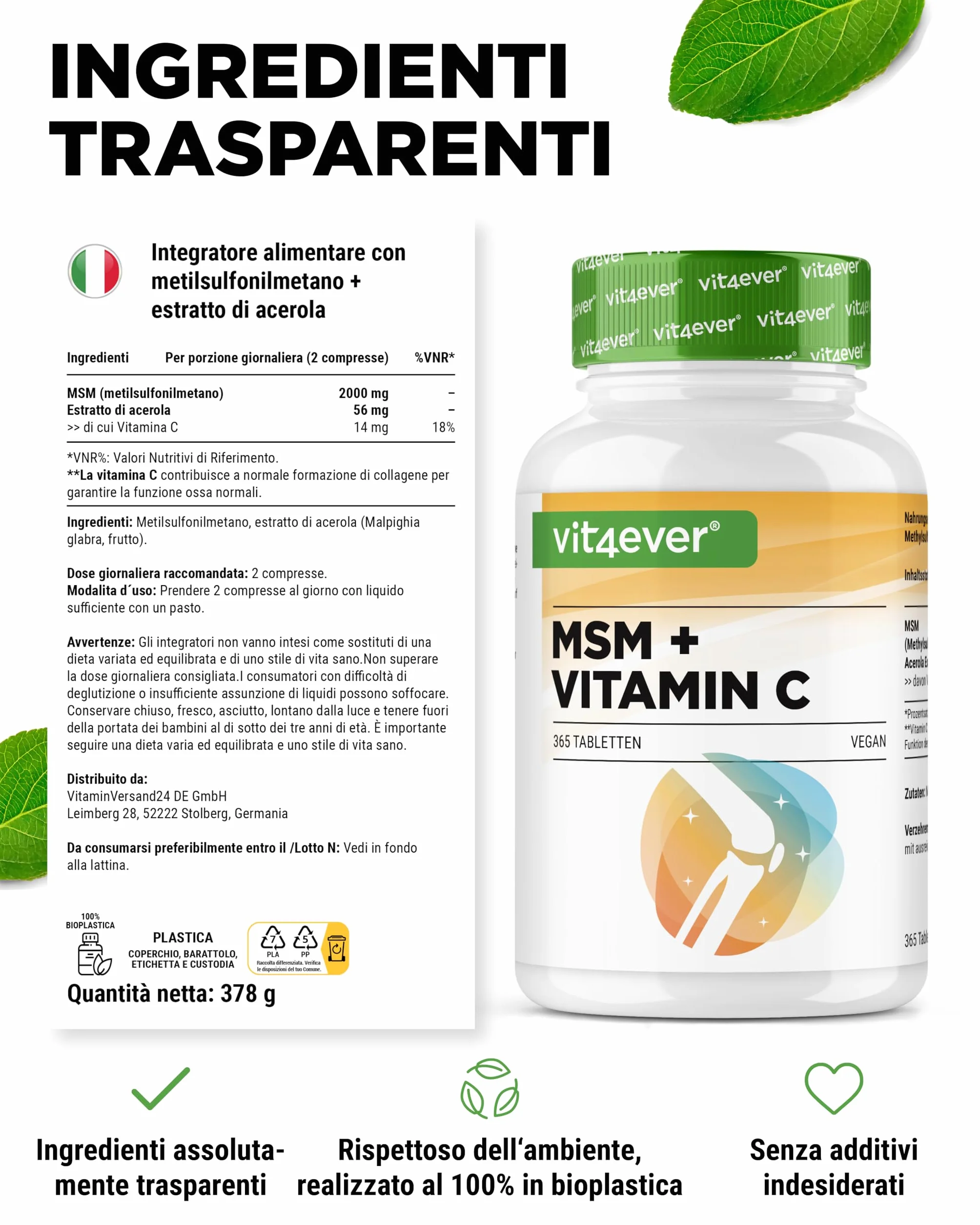MSM 2000mg 365 compresse con vitamina C naturale da acerola vegan