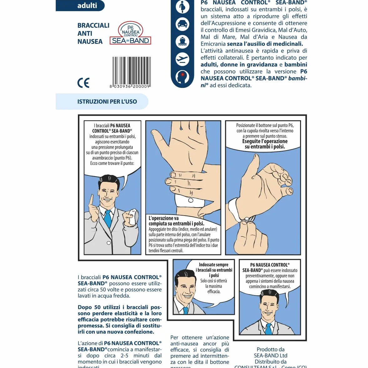 Bracciali Anti-Nausea per Adulti, Dispositivo Medico CE Classe I, Riutilizzabili, Confezione da 2