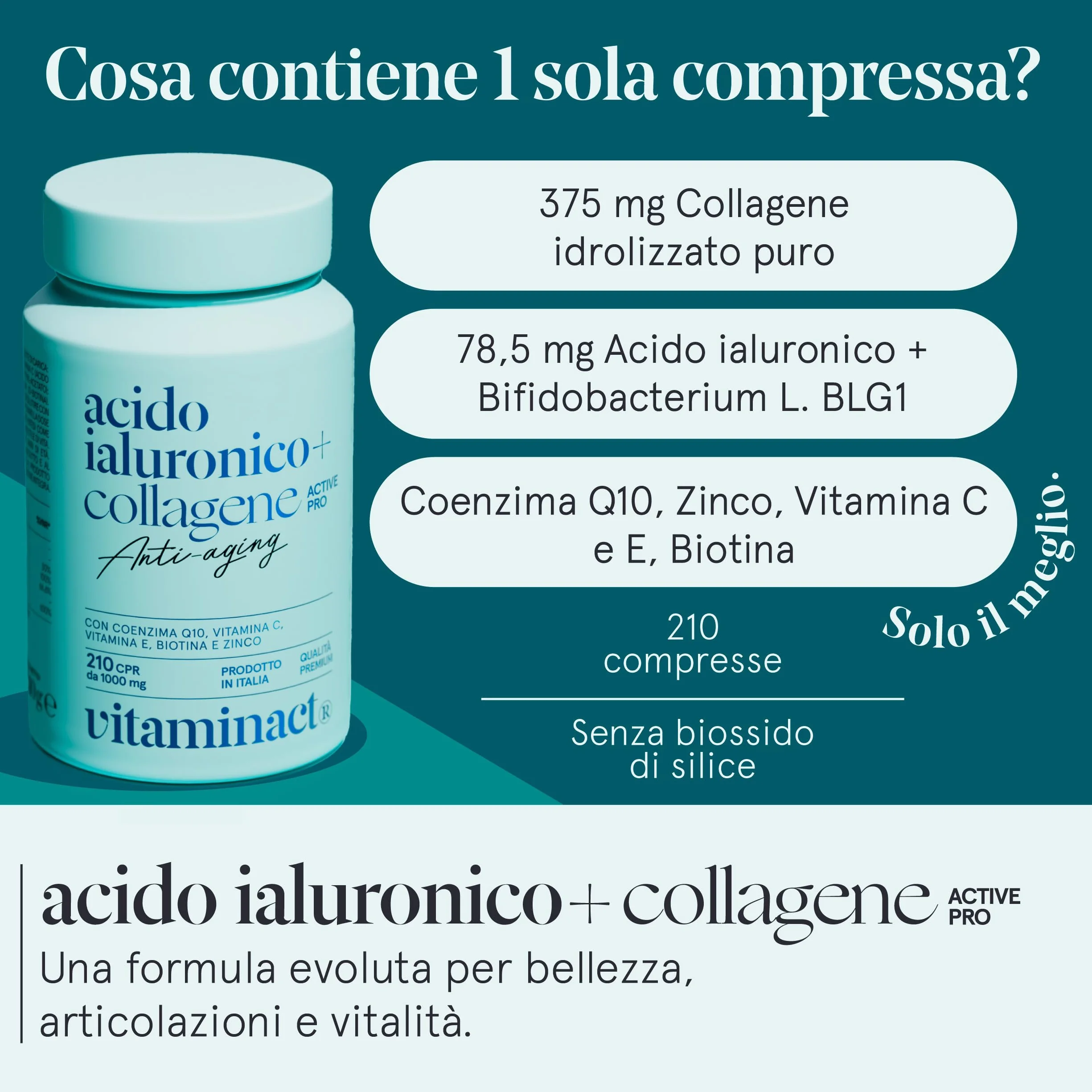 Collagene e Acido Ialuronico con Probiotico Bifidobacterium L. BLG1, Vit C e E, Q10, Zinco e Biotina
