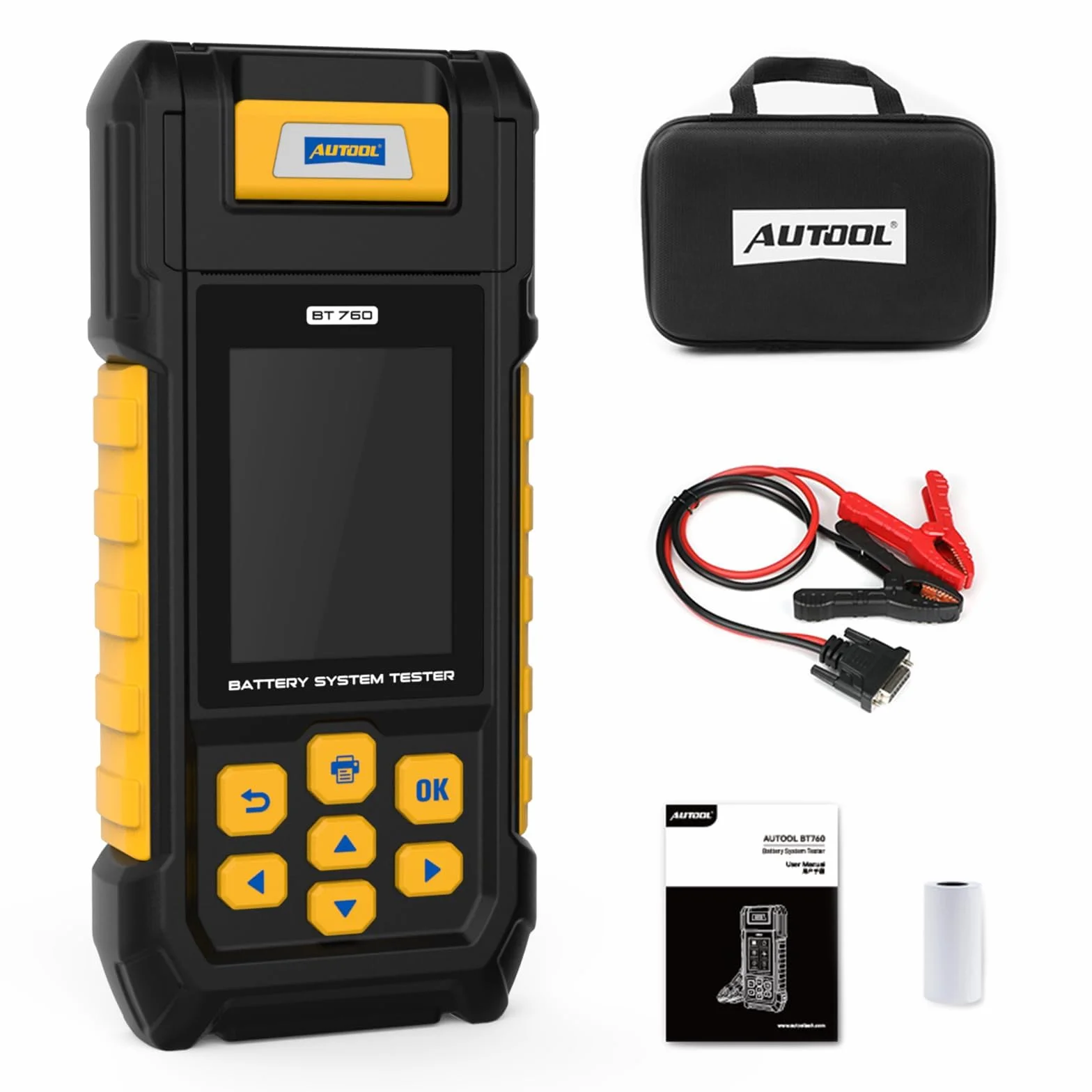 AUTOOL BT760 - Tester di carica batteria 12 V/24 V per autoveicoli con 30-2000 CCA, analizzatore di batteria per avviatori e sistemi di ricarica con stampante per camion, auto, moto e altro ancora