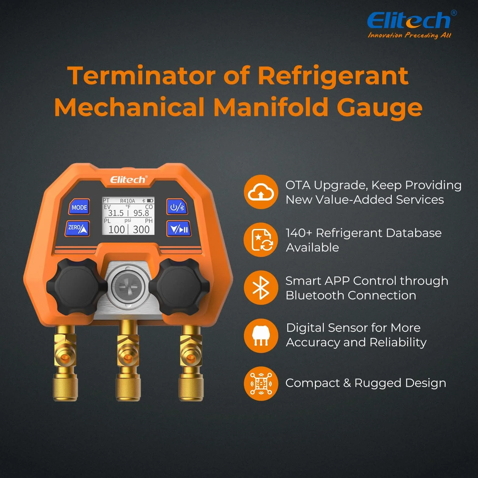 Elitech Misuratore di Refrigerante Manometro Digitale per Collettori HVAC DMG-4B
