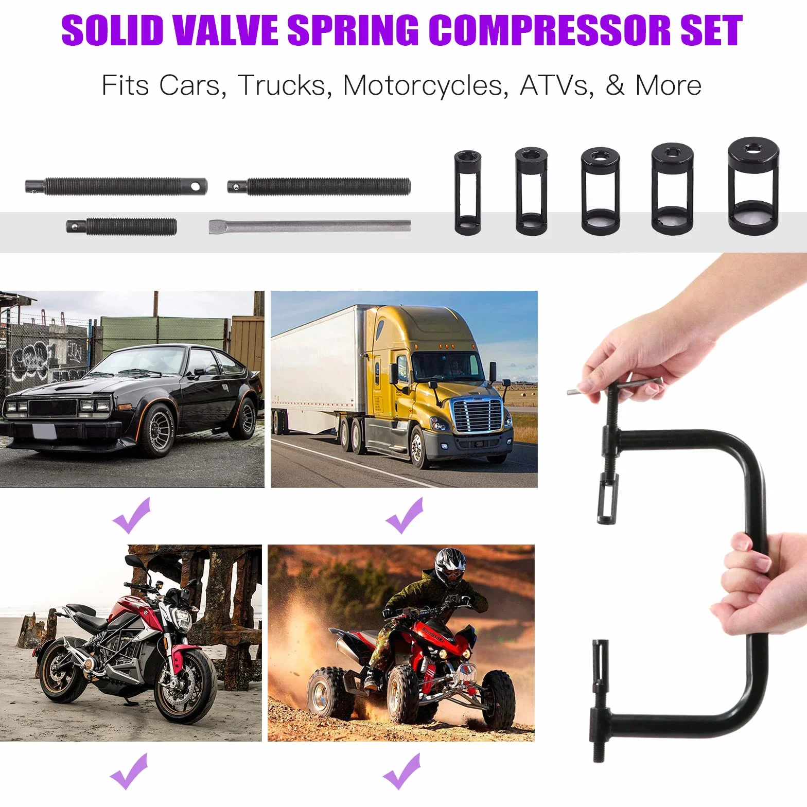 Swpeet Kit assortito di 13 attrezzi per compressore a molla per valvola, include 5 adattatori pusher, viti di estensione, set di valvole e barra di compressione per moto, auto e piccoli veicoli a