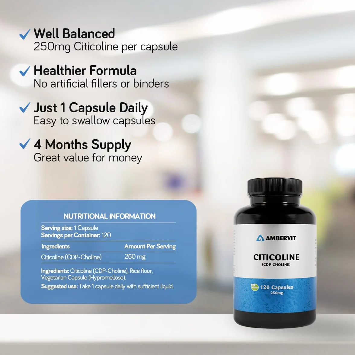 Ambervit Citicolina 250 mg 120 Capsule CDP Colina integratore alta concentrazione per memoria e concentrazione