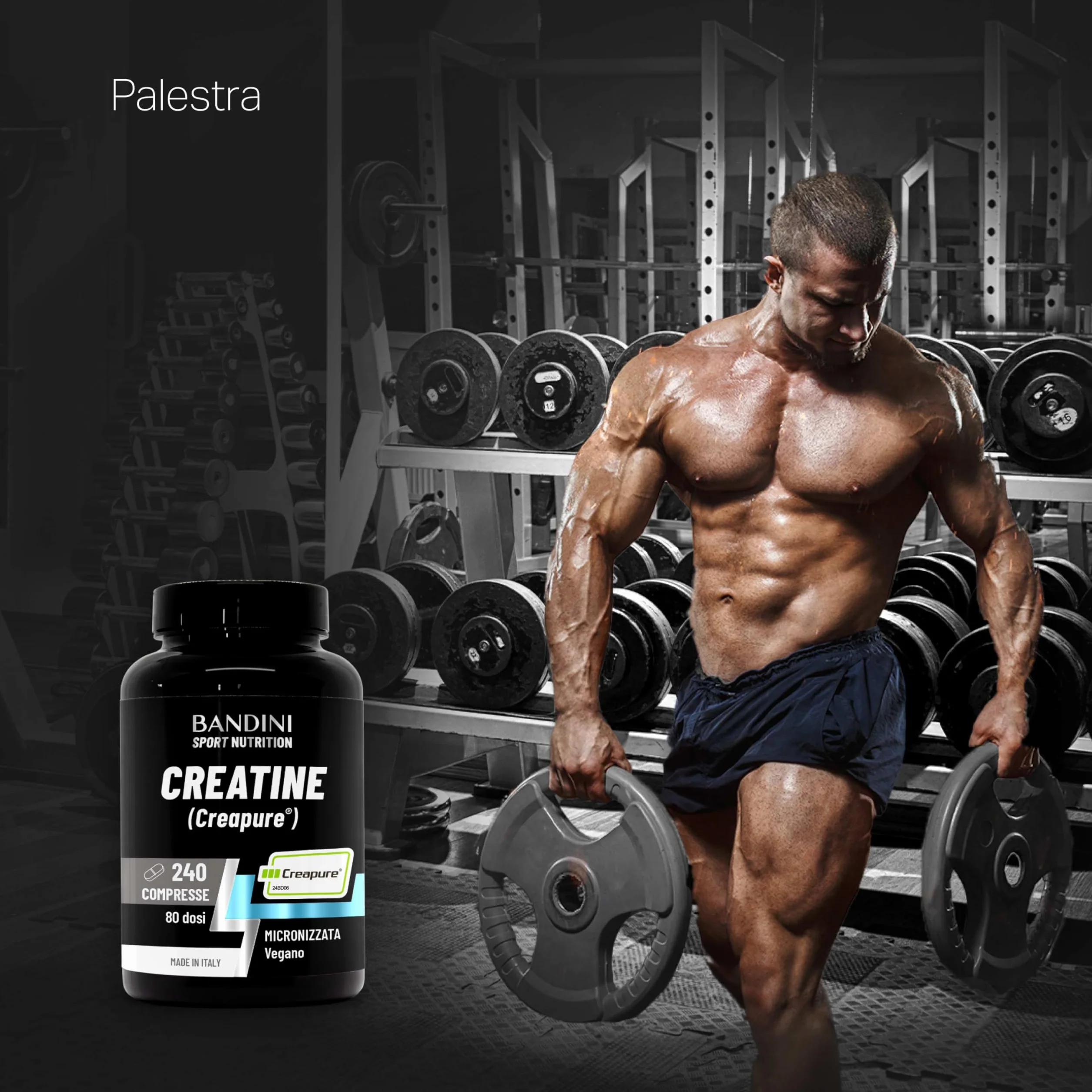Bandini Creatina CREAPURE Monoidrata 240 Compresse - Integratore per Allenamento, Sport, Palestra - Micronizzata 100% Vegan - Creatine Monoidrato per ATP e Recupero
