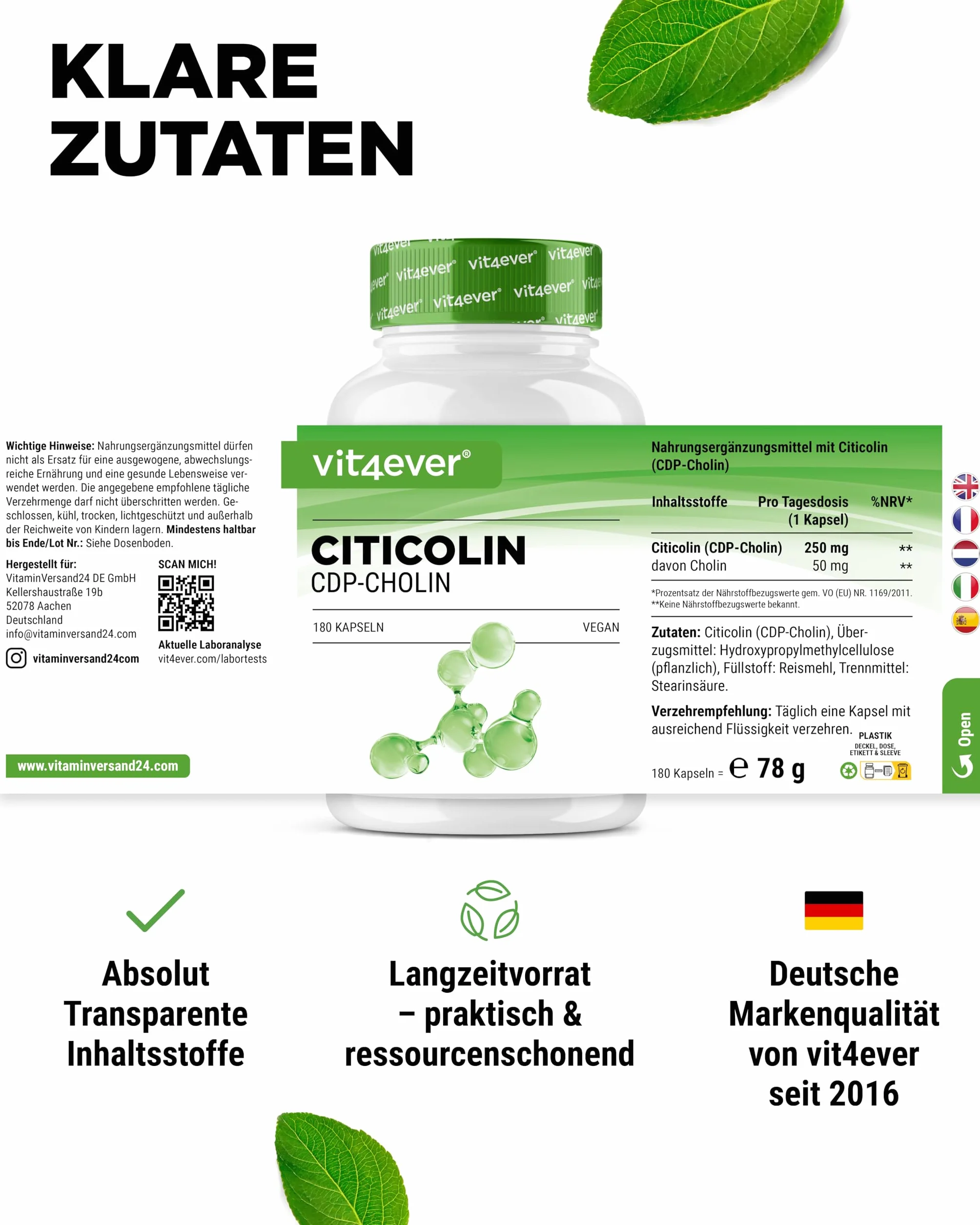 vit4ever CDP Colina (Citicolina) 250 mg - 180 Capsule - Alto Dosaggio e Forma Bioattiva di Colina - Vegano