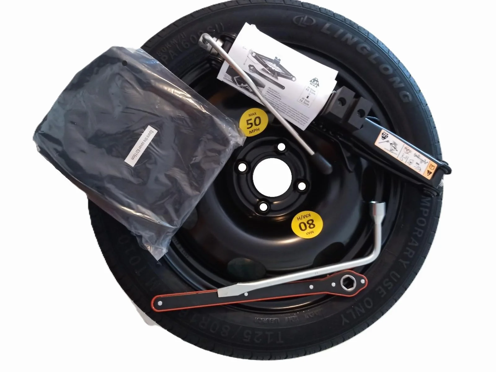 Kit Ruotino di Scorta 16" compatibile Fiat Grande Panda 2025 125/85R16 Cric Chiave Guanti Sacca