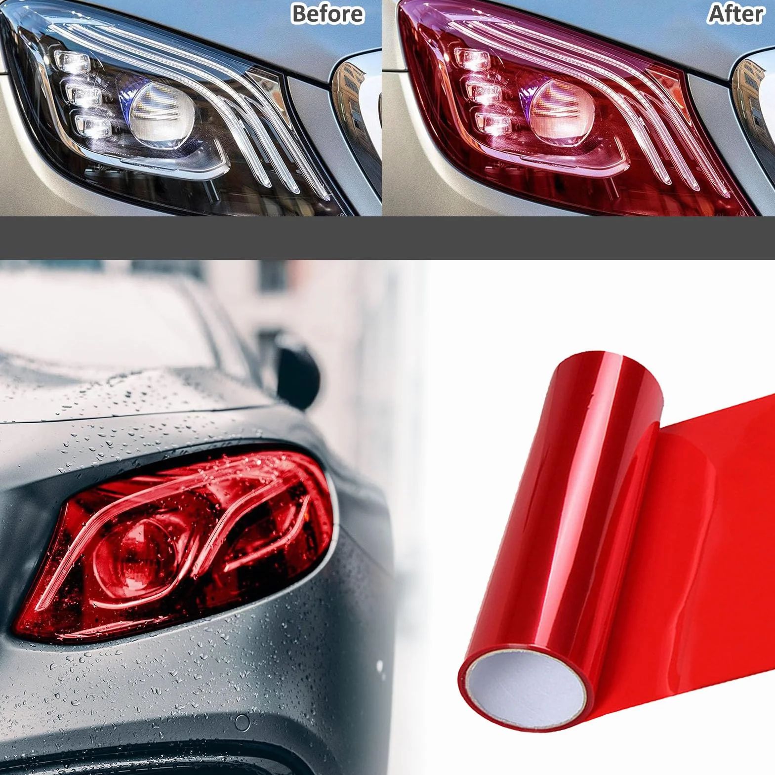 Pellicola per fari dell'auto, 120 x 30 cm, pellicola colorata rossa trasparente, autoadesiva, per fanali posteriori, per fendinebbia