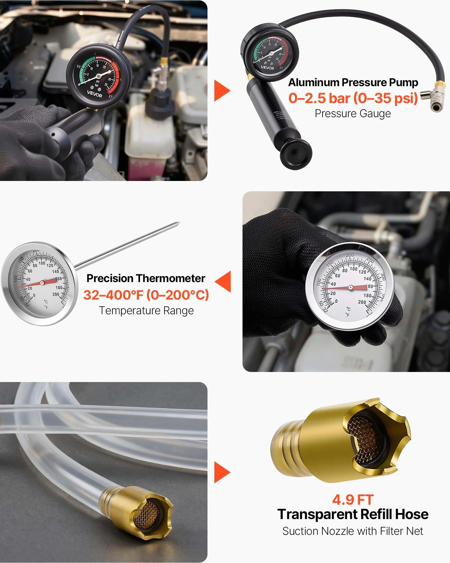 VEVOR Kit di Tester Manometri per Sistema di Raffreddamento da 47 Pezzi, Kit per Prova di Pressione del Radiatore con 3 Adattatori in Metallo, Misura Universale, Strumento di Prova per Autoveicoli