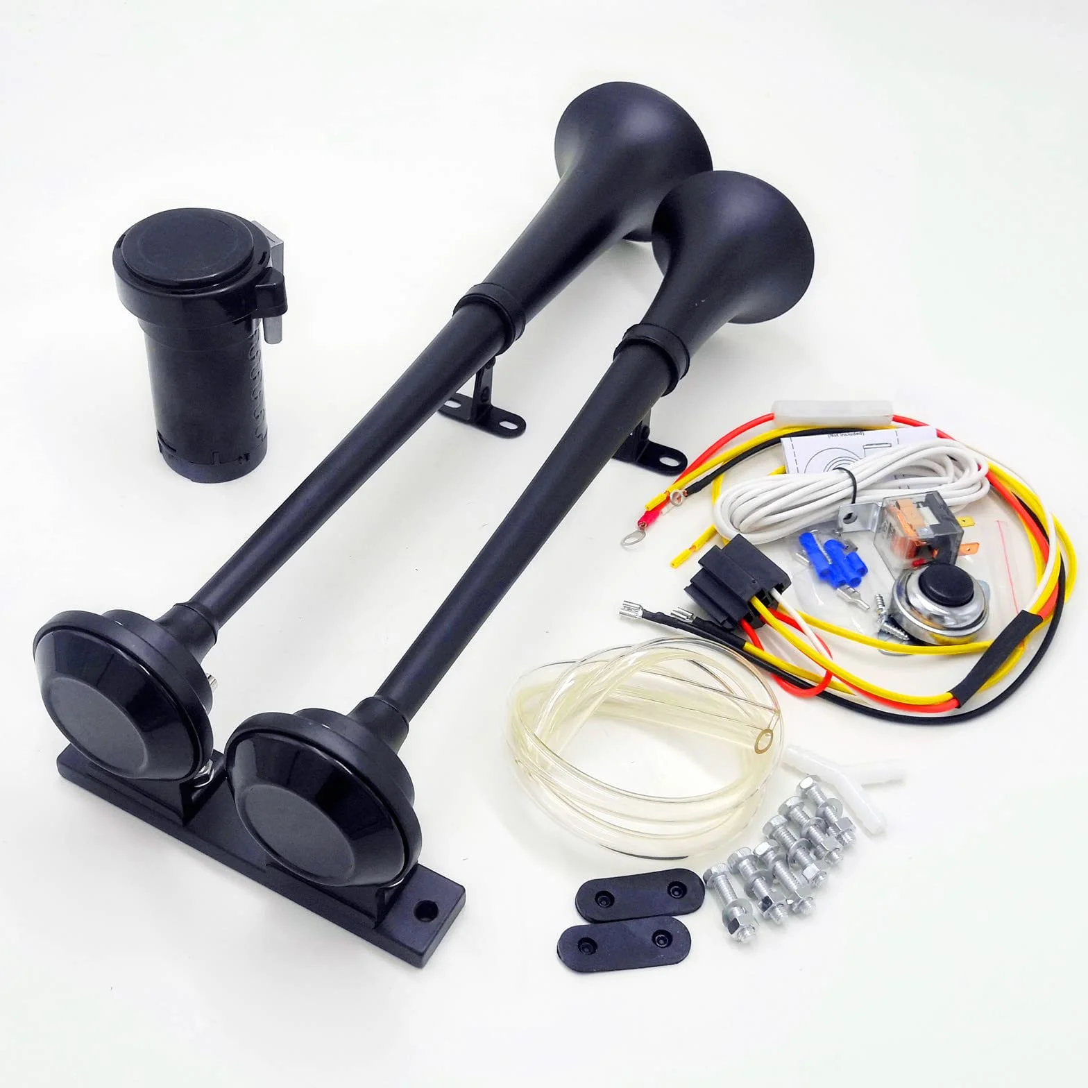 Tromba ad aria Tromba per camion nero 165DB Clacson per nave Tromba elettrica 45cm Tromba tono alto e tono basso Tromba a doppio tubo Zinco cromato Compressore per 12V barca auto yacht RV ecc