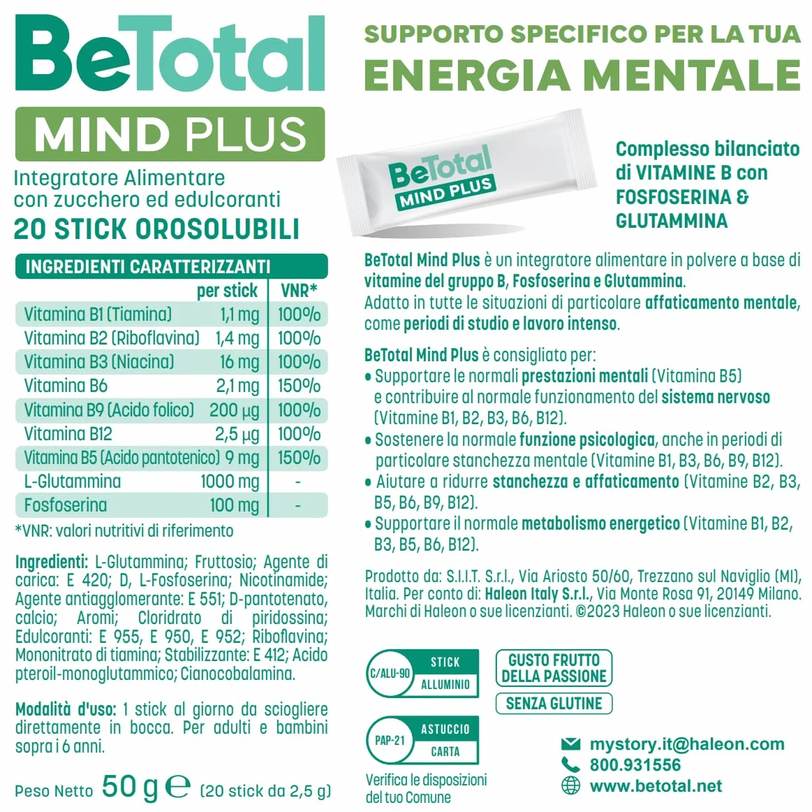 Be-Total Mind Plus Integratore Alimentare con Vitamina B, Fosfoserina, L-Glutammina, Supporto per Stanchezza Mentale, Memoria e Concentrazione, 20 Bustine