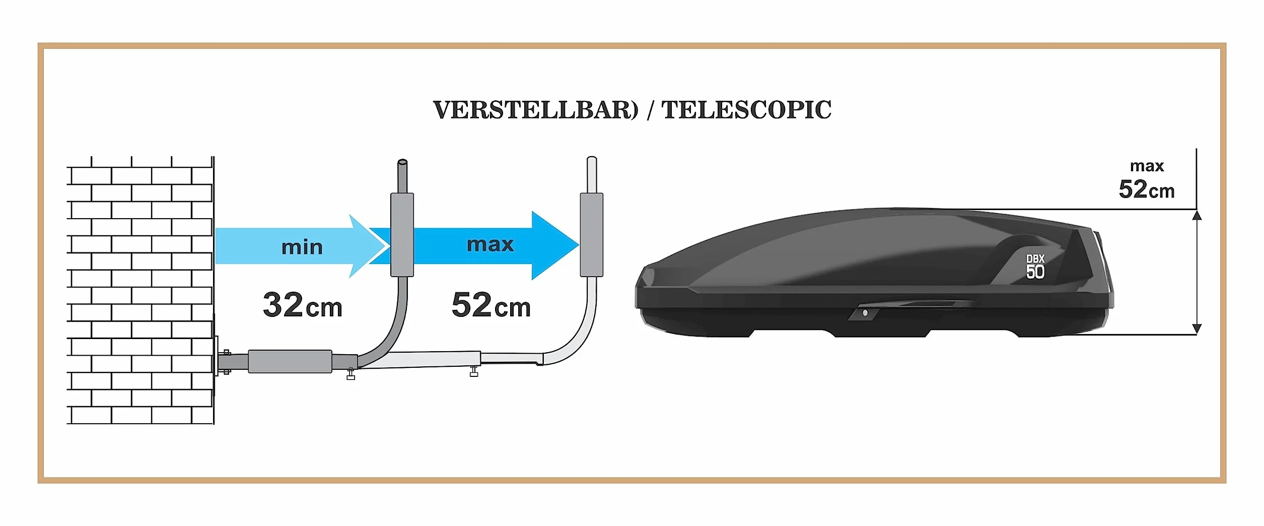 Supporto da parete per box da tetto [Fino a 52 cm di altezza, 40kg capacità di carico, Distanza regolabile in continuo, Inclusi tasselli/Viti per il montaggio]