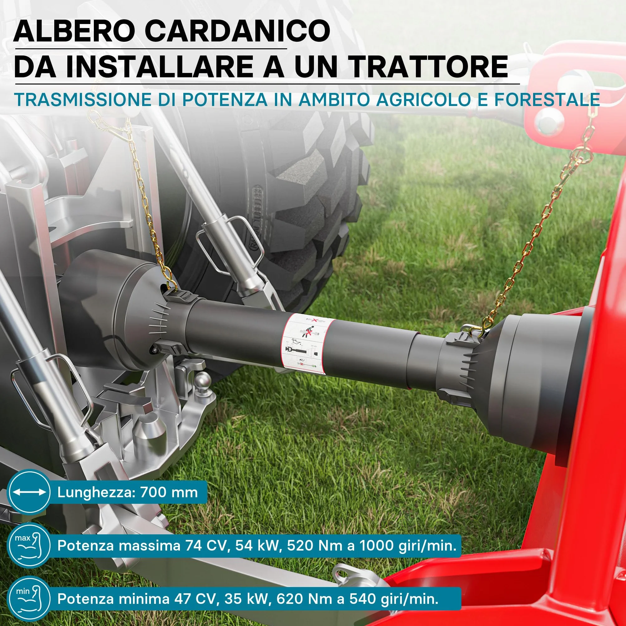Wiltec Albero cardanico T5 Giunto cardanico 600mm 620Nm 540rpm Cardano 54kW (74CV) 2X 1 3/8" 6 Denti