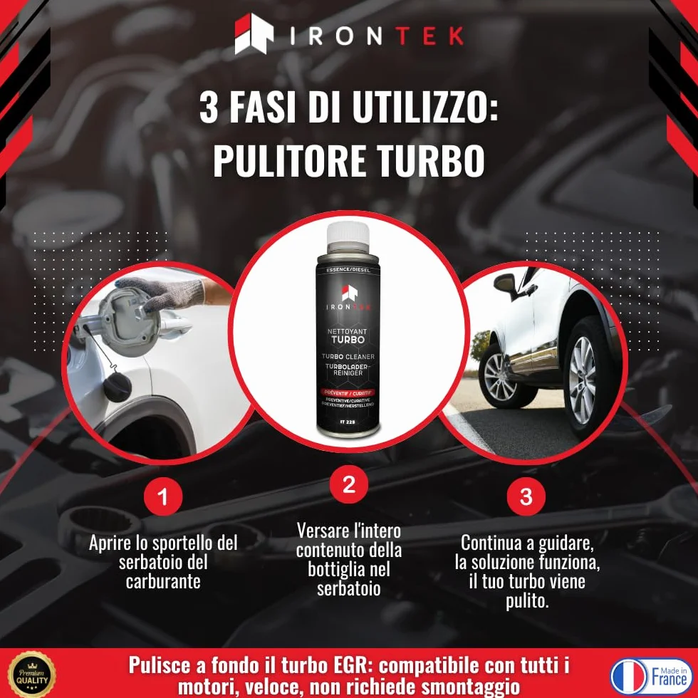 IRONTEK Pulitore Turbo Benzina Diesel 300ml | IT225 | Senza Smontaggio | Azione Preventiva e Curativa | Rimuove Depositi | Prolunga la Vita del Turbo