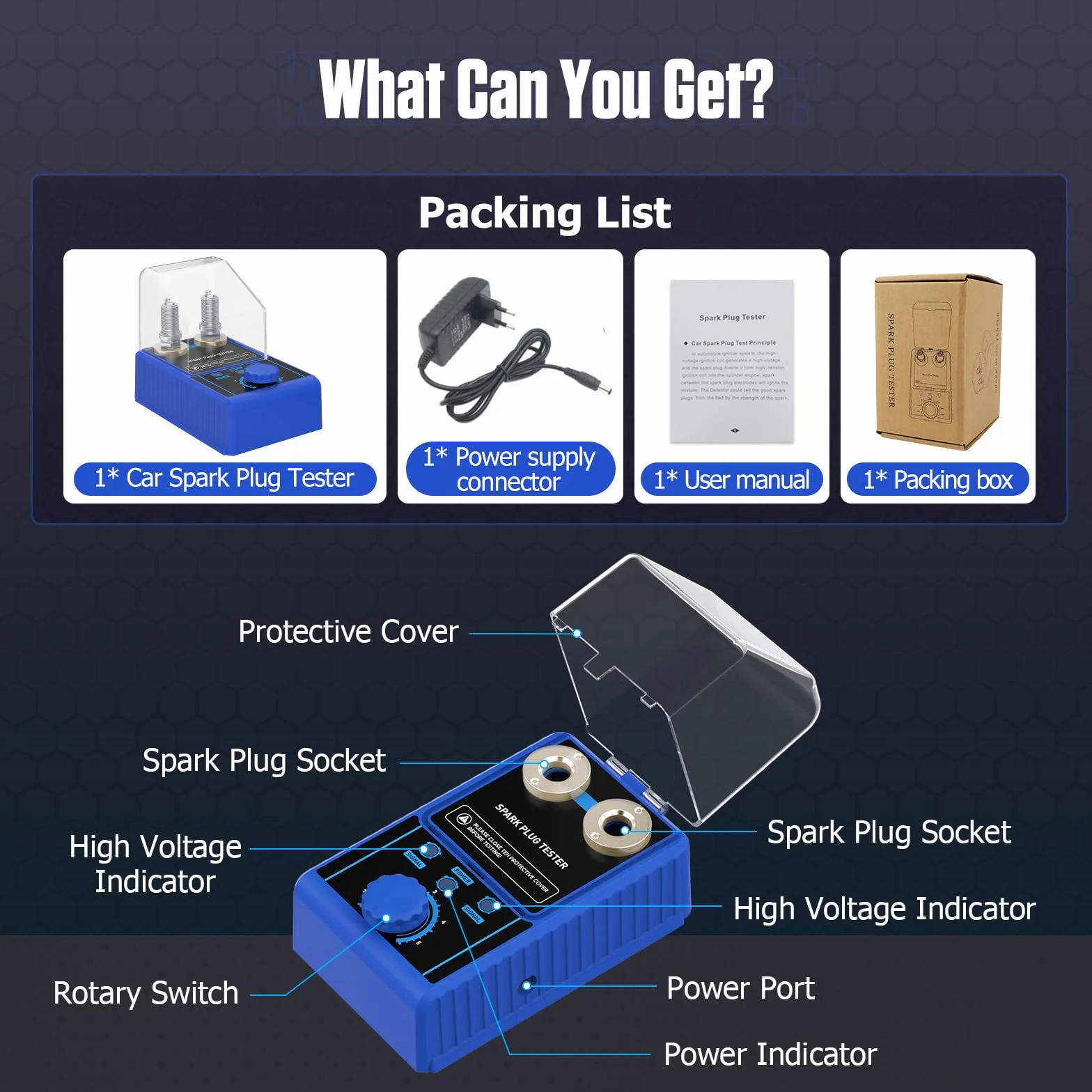 BELEY Tester per candele da auto, 220 V, regolabile, a due fori, con custodia protettiva H80