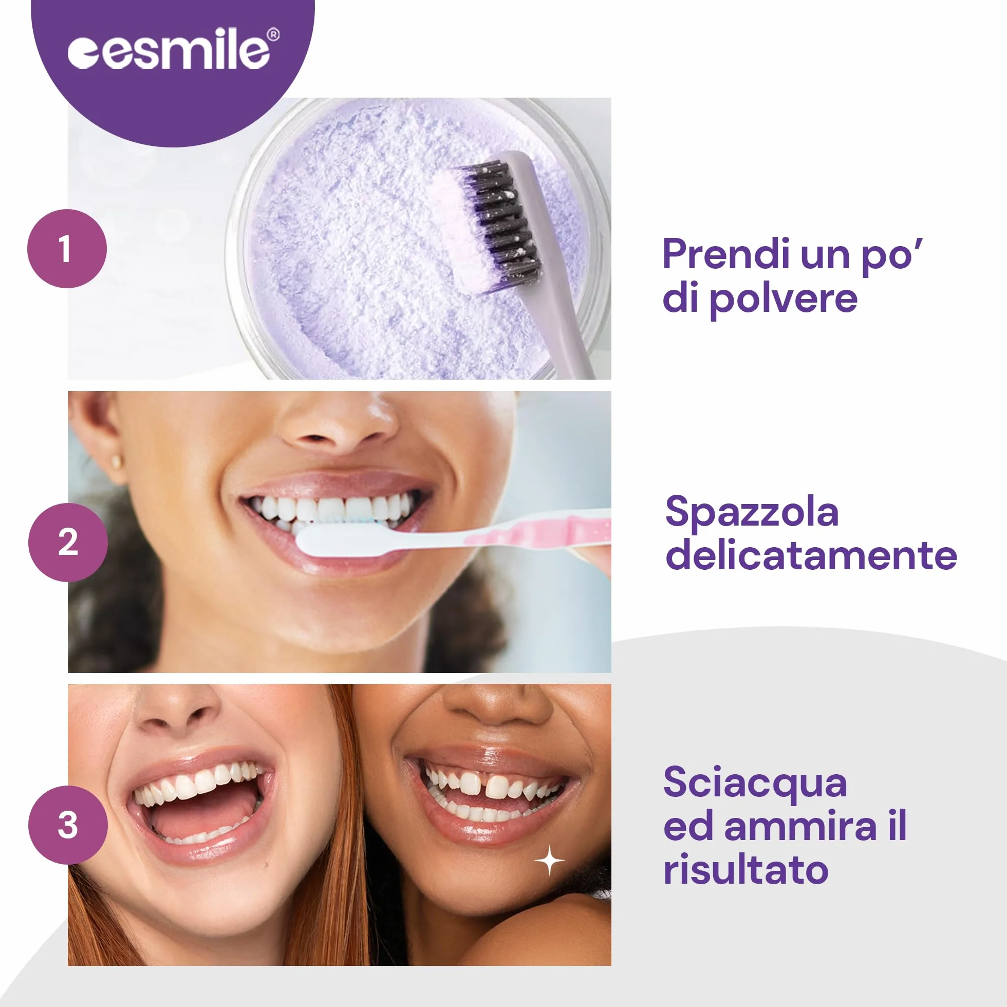 ESMILE Polvere Sbiancante Denti Immediato Carbone Attivo Naturale Menta Sbiancamento Professionale Pasta Denti Bianchi 30 gr