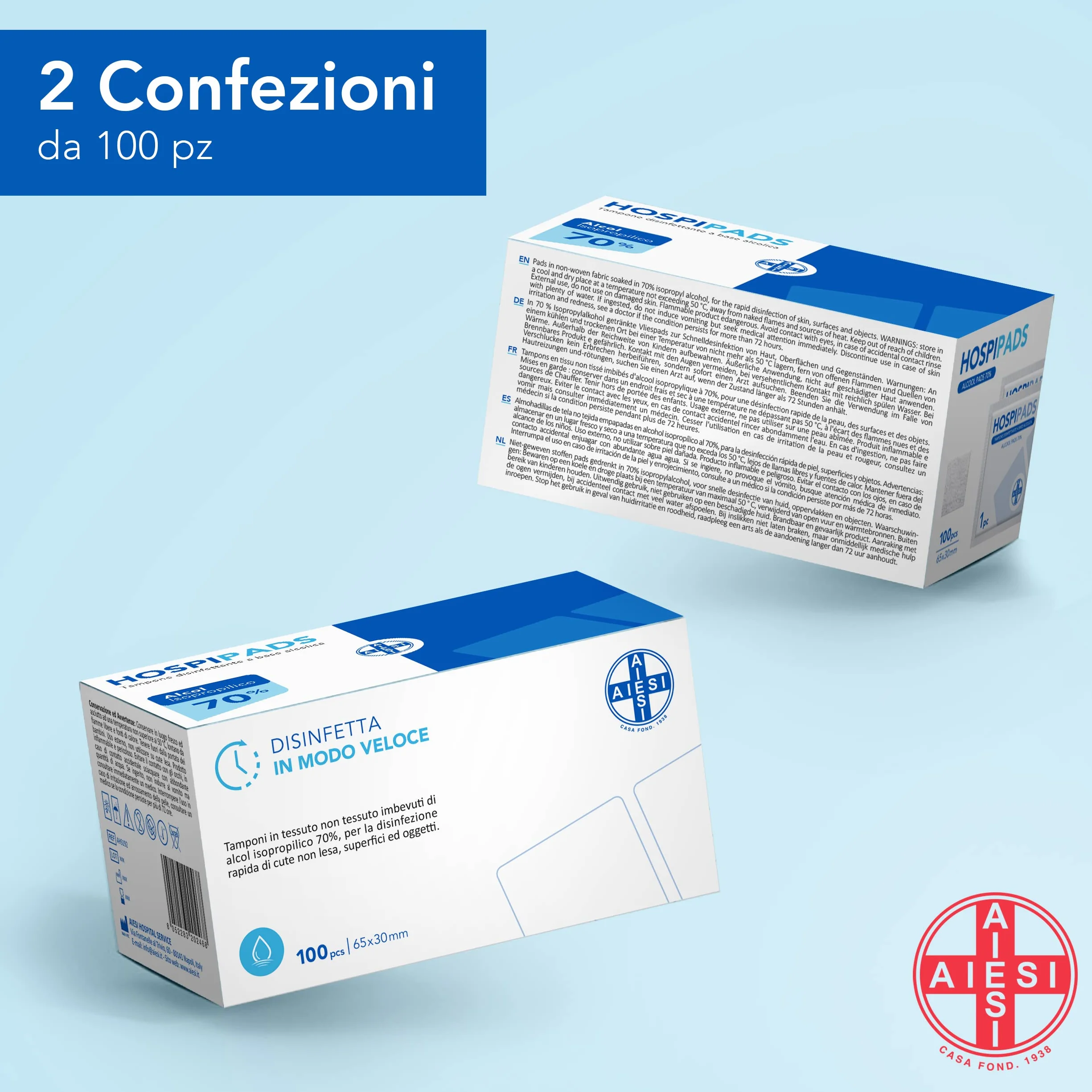 AIESI Tamponi salviette disinfettanti 70% alcool isopropilico 65x30 mm 2x100 pezzi HOSPIPADS