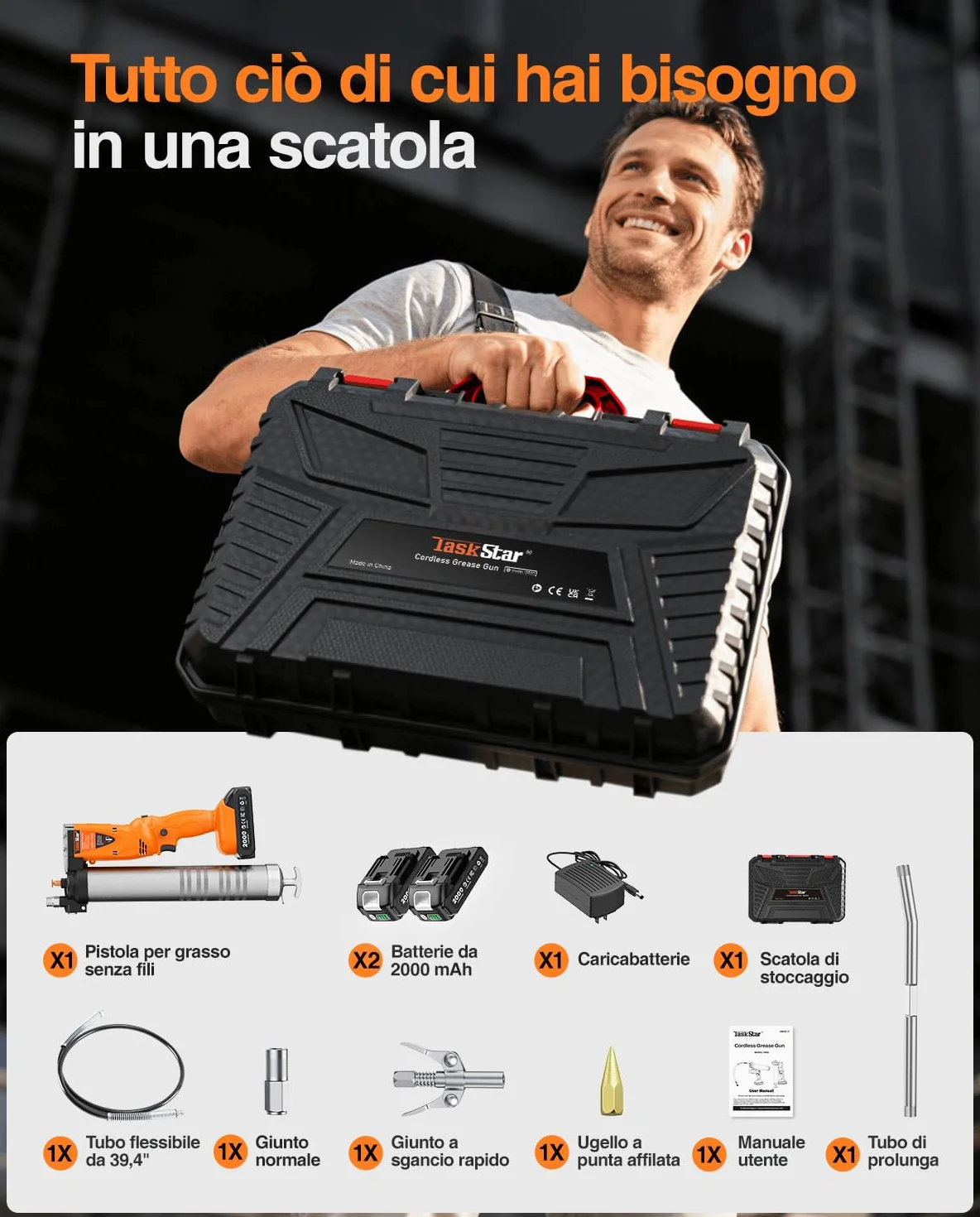 TaskStar 2-in-1 Ingrassatore a Batteria: 10000 PSI Pistola Grasso elettricoa con 2 Batterie, Tubo Lungo 39,4", 3 Testina Ingrassatore Professionale, Ideale per Macchinari Pesanti Come i Trattori