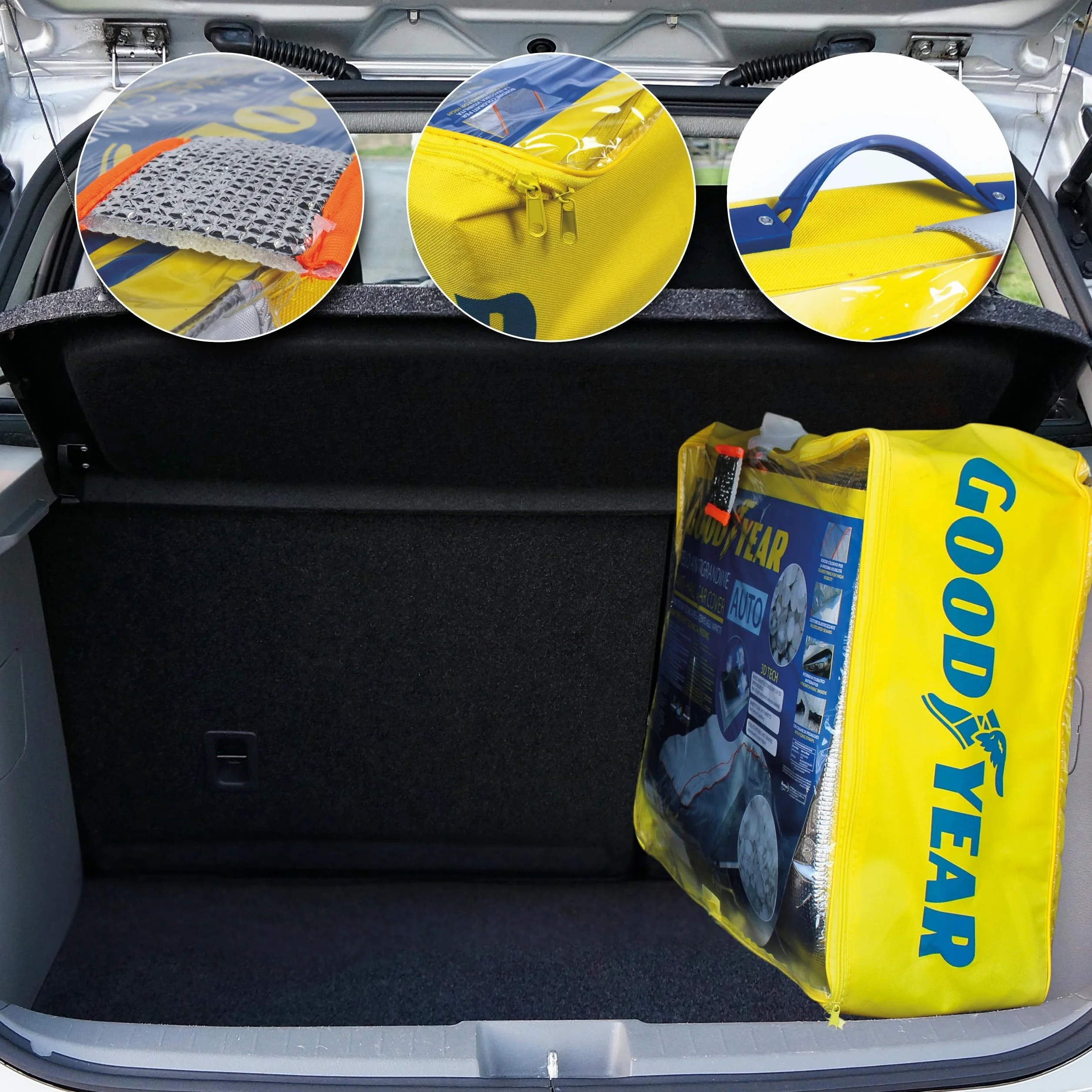 Goodyear Telo Antigrandine Auto Taglia M, Imbottitura 6mm Alta Protezione, Copriauto Esterno Impermeabile e Antigraffio, Tessuto Anti-UV, Cinghie Antivento, 440x165x119 cm, 4 Stagioni, Grigio/Nero