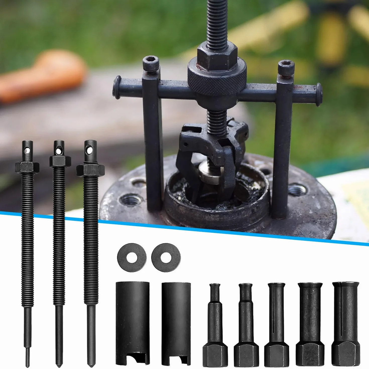 Estrattore Cuscinetti Interni Set, con Asta Filettata, Rondella e Bussola, Acciaio al Carbonio, 9/11/14/19/23 mm, con Valigetta, per Cuscinetti di Biciclette, Cuscinetti a Rullini (Nero)