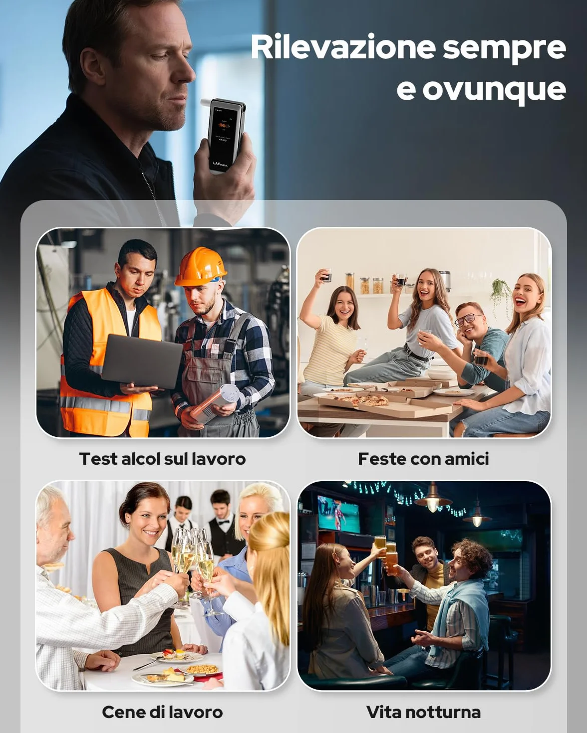 Etilometro AT-160, Alcolometro ad Alta Precisione con Impostazioni della Soglia di Allarme, Alcol Tester con Display Digitale LCD, Archiviazione Dati, 10 Bocchini - per Uso Domestico