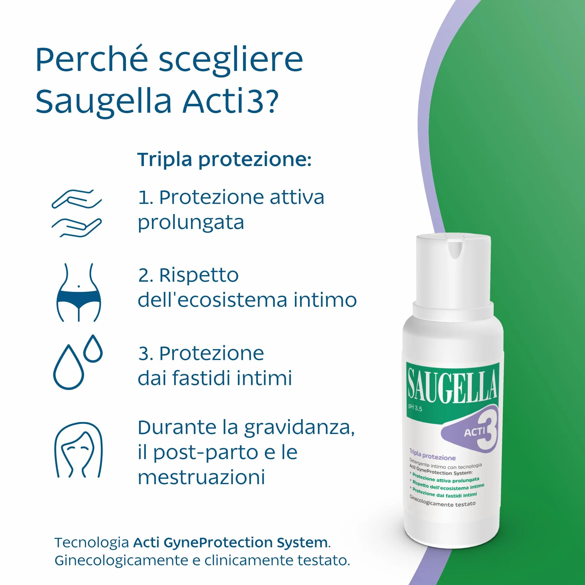 Saugella Acti3 Detergente Intimo pH 3.5 con Timo e Zinco 250 ml