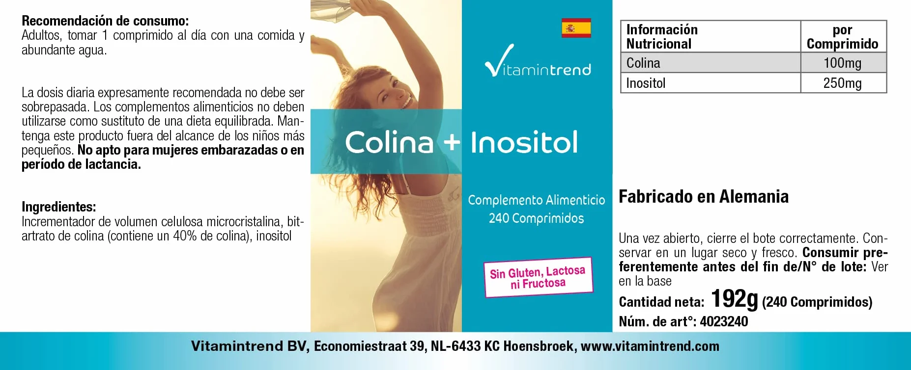 Vitamintrend Colina 100 mg + Inositolo 250 mg, 240 compresse integratore alimentare vegano