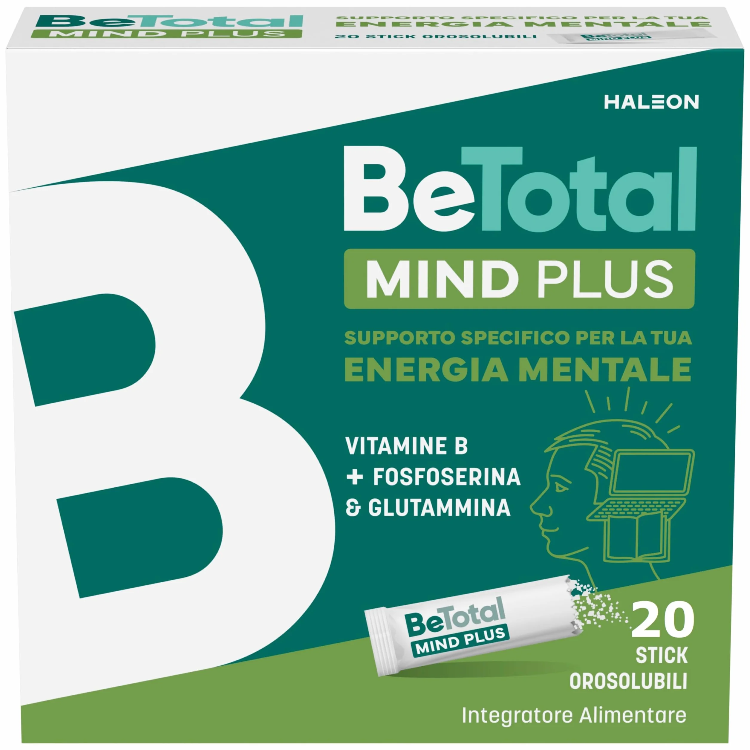 Be-Total Mind Plus Integratore Alimentare con Vitamina B, Fosfoserina, L-Glutammina, Supporto per Stanchezza Mentale, Memoria e Concentrazione, 20 Bustine