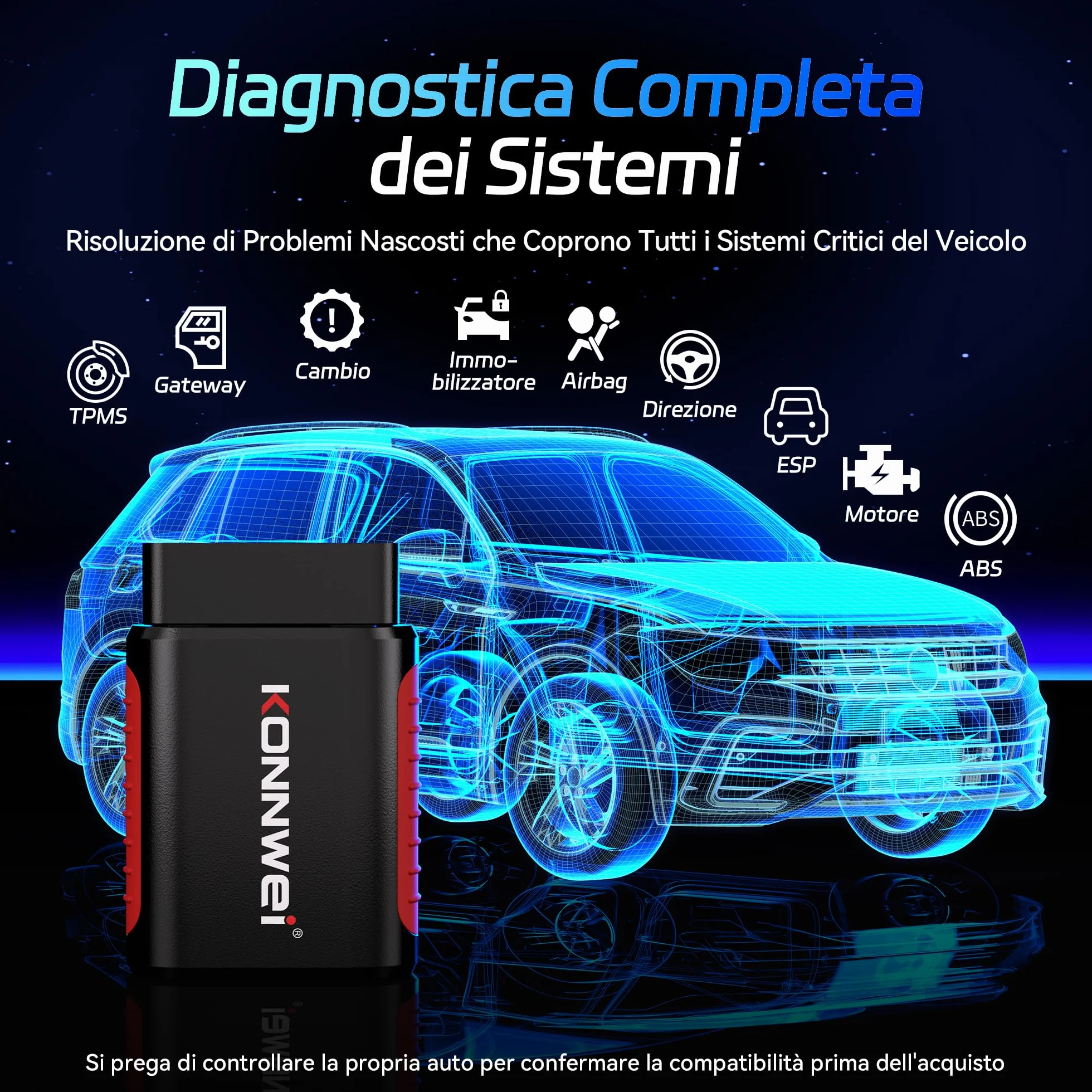 KONNWEI KDIAG OBD2 Scanner Bluetooth, tutti i sistemi diagnostici, 5 reset, lettore di codici auto per iOS e Android, senza abbonamento