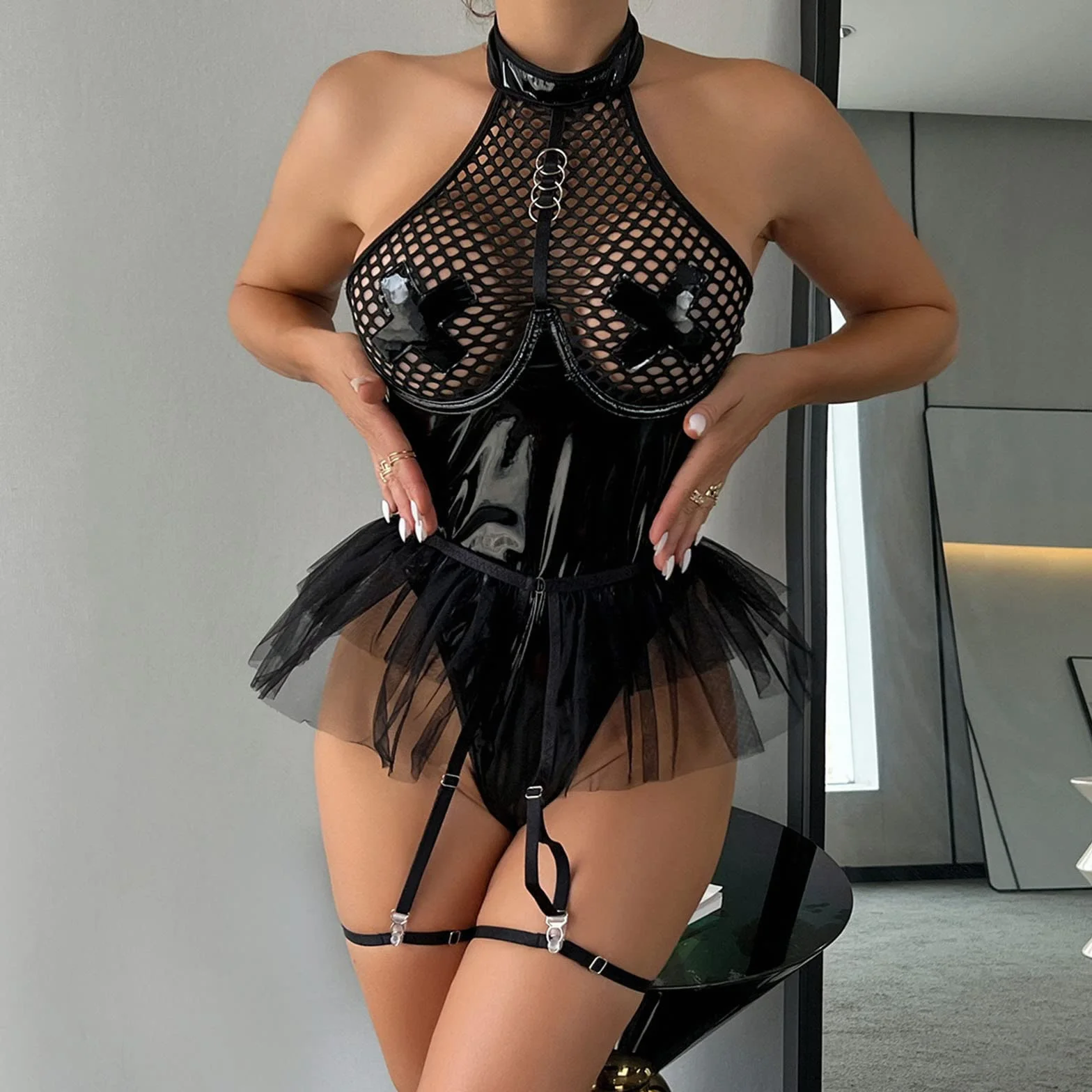 Vestito Sexy Donna Latex Mini Wetlook Verniciata V Profondo Bodycon Dress Aderente Metallizzato Clubwear Elasticità Erotico Festa Hot Curvy