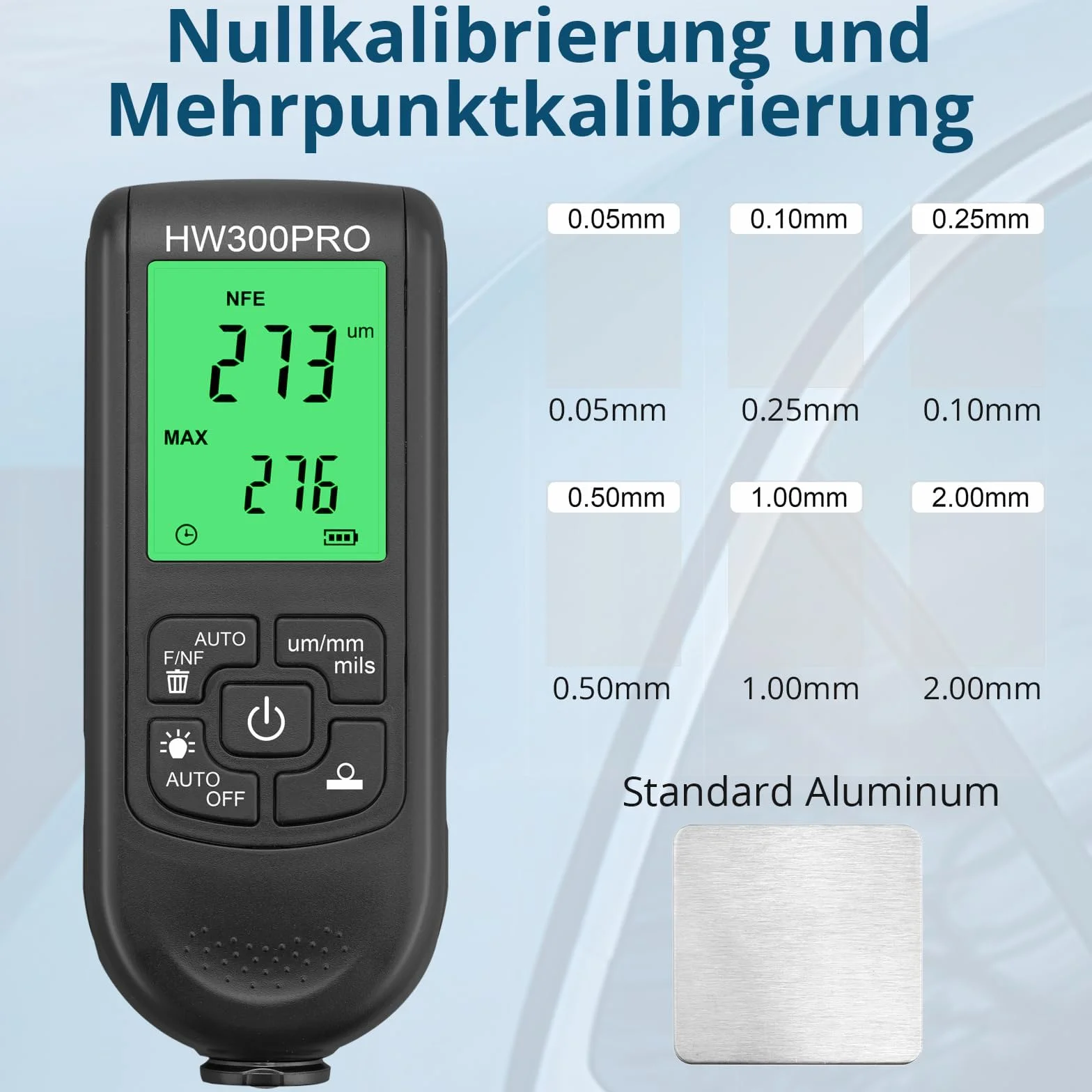 Spessimetro Vernice Auto 0-2000um, Misuratore Spessore Coating per Metalli FE/NFE, 3 Unità μm/mm/mil, Display Retroilluminato, 50 Dati, Alta Precisione per Auto Industria Officina