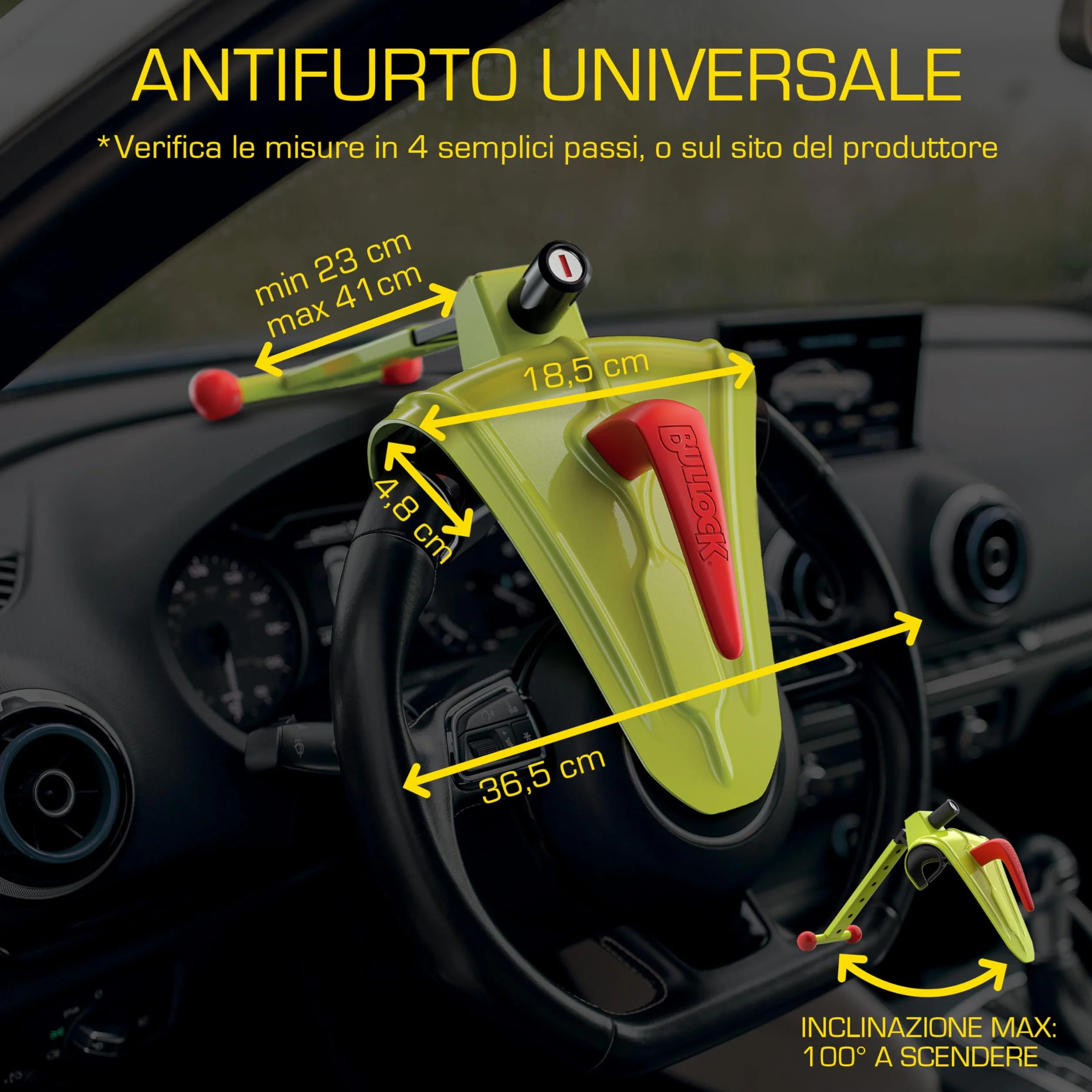 Bullock Defender Pro Blocca Volante Antifurto Universale per Auto, Scudo di Sicurezza in Lega Rinforzata, Giallo