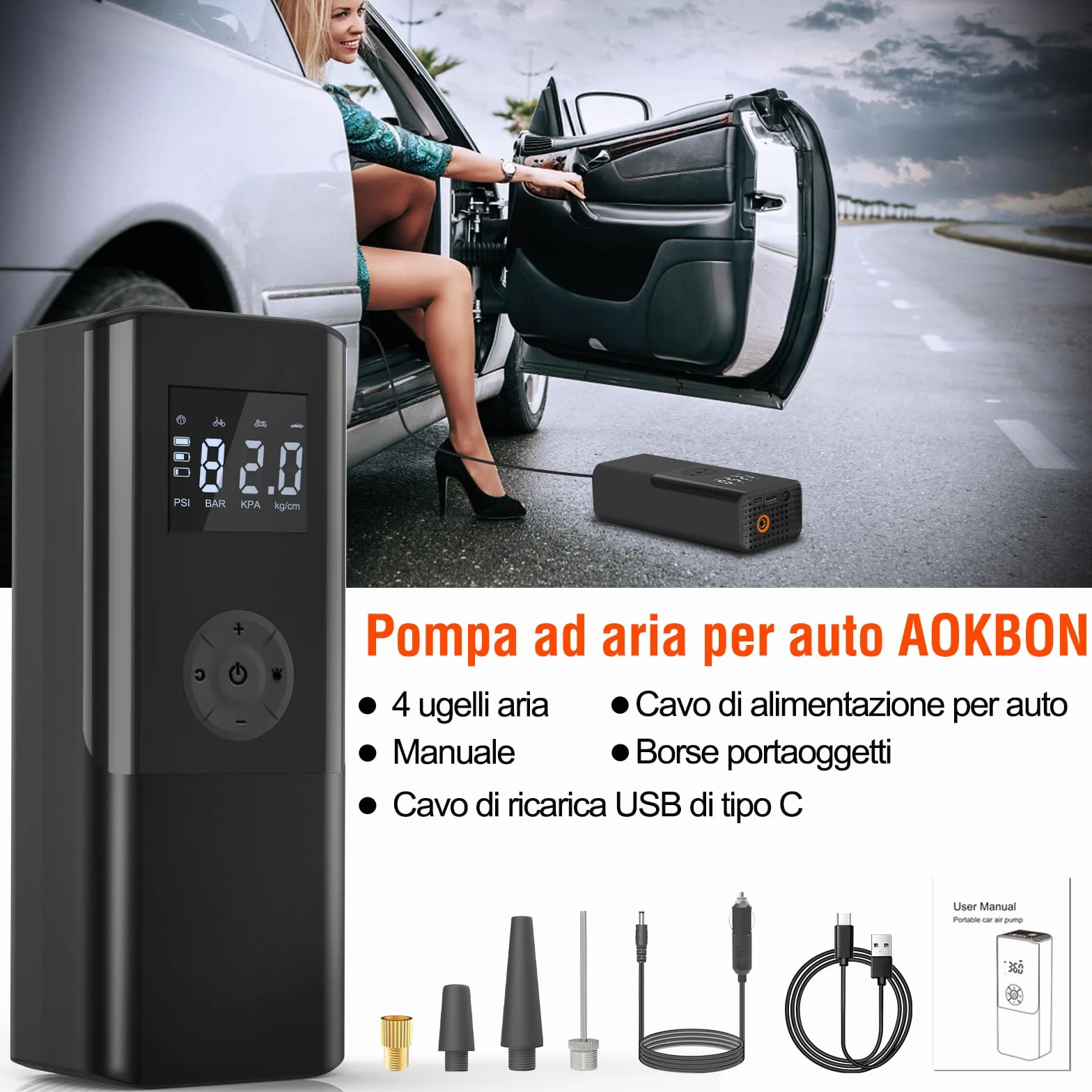 Compressore Aria Portatile 150PSI 6000mAh Auto 15L/min con Luce LED e Display LCD