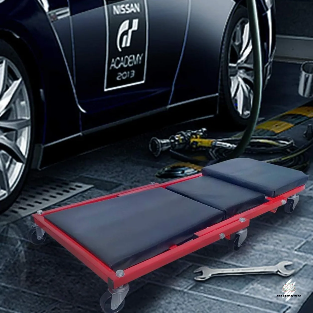 maryse - Lettino Sottoauto e Sgabello a Carrello 2in1 per Officina – Struttura in Acciaio Rinforzato, Ruote Silenziose, Max 150 kg, Comfort Imbottito e Design Pieghevole