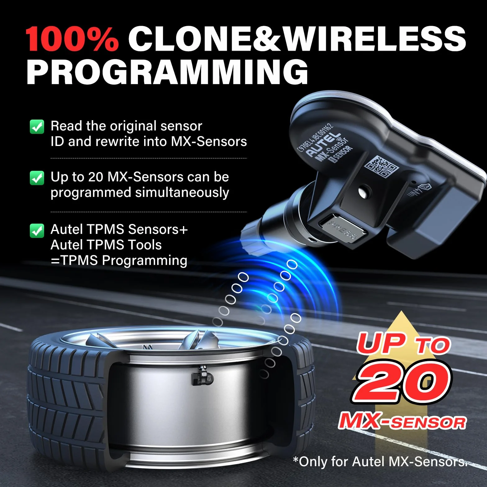 Autel TPMS Sensore MX-Sensor, Doppia Frequenza, Sensore TPMS per 98% Delle Auto, Funziona con TS408S TS508WF TS601 TS501 Pro, 100% Sensore TPMS Programmabile e Clonabile (Valvola in Metallo, 4 Pezzi)