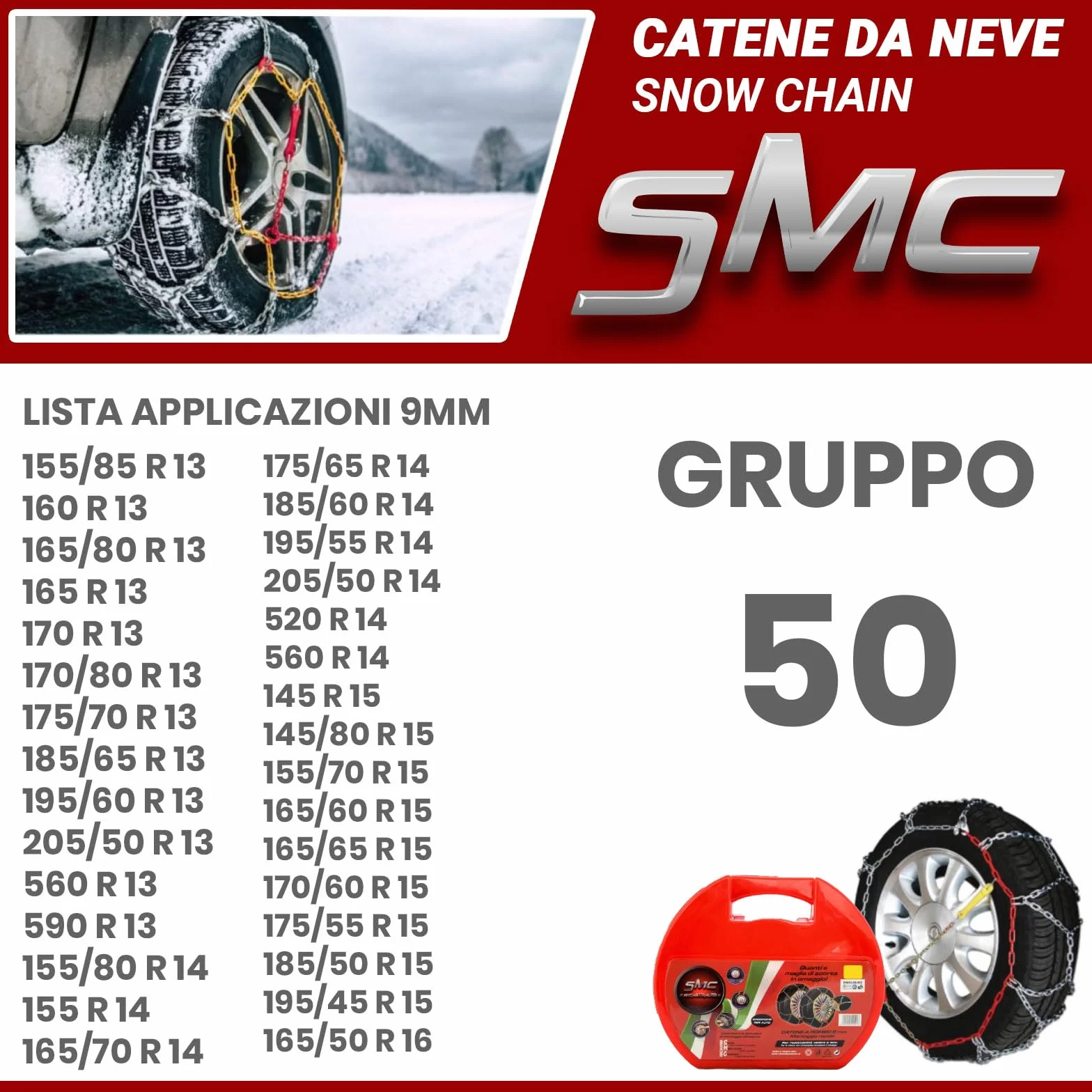 Catene da Neve OMOLOGATE O-Norm TUV SMC 9mm 175/65 R 14