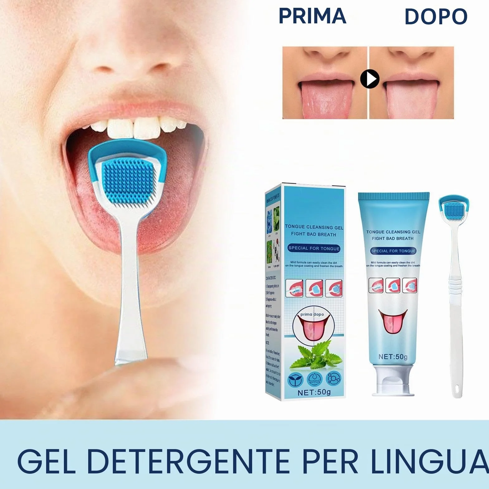 Gel per la pulizia della lingua con pennello, trattamento mughetto bocca, rimuove odore orale