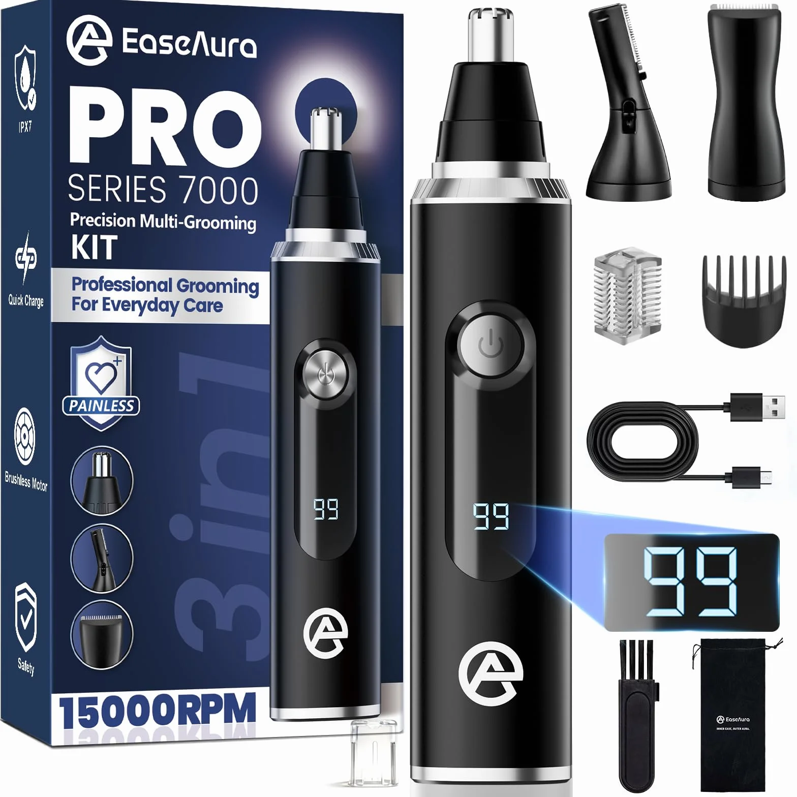 Rasoio Elettrico 3 in 1 Tagliapeli Naso e Orecchie Ricaricabile, Trimmer Naso Sopracciglia Baffi, IPX7