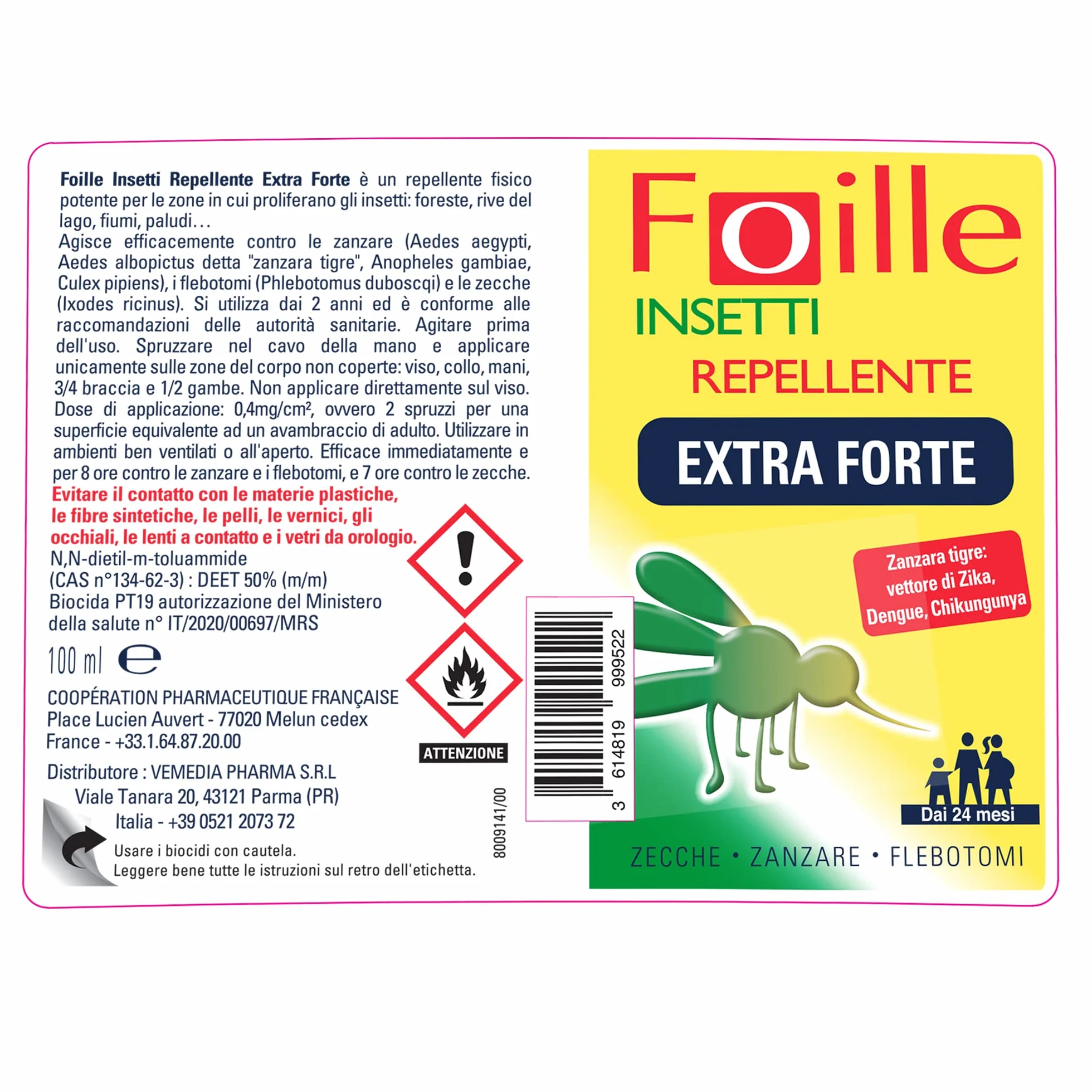 Foille Insetti Repellente Extra Forte DEET 50% Spray 200 ml