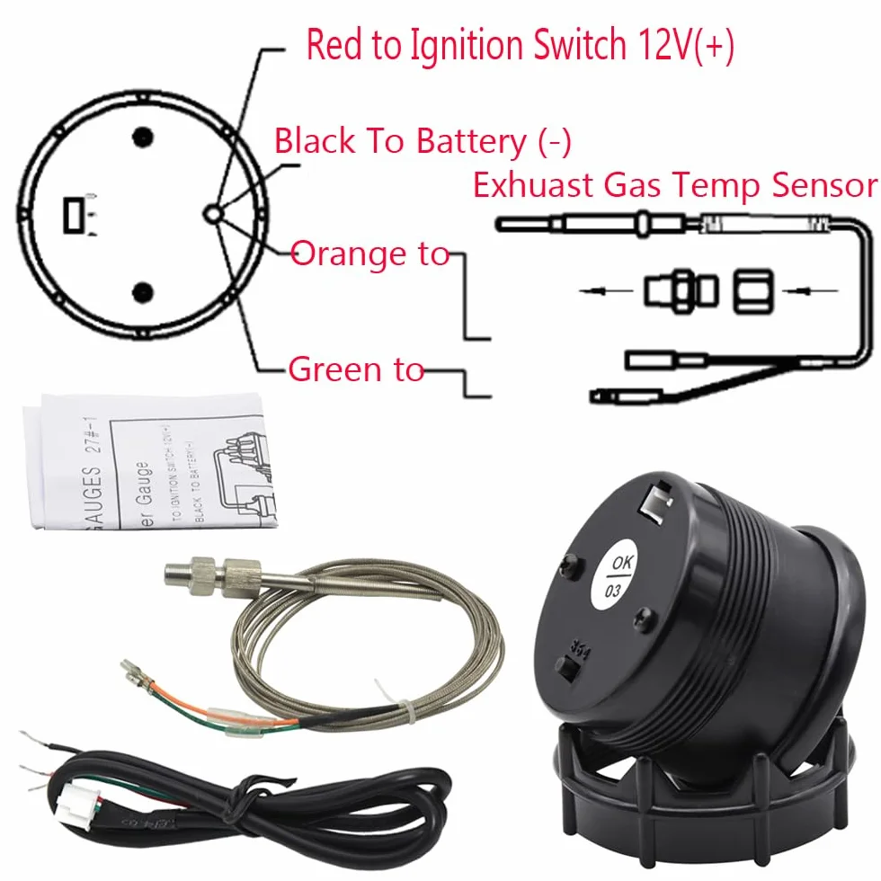Manometro Scarico Gas Temperatura 52mm Indicatore Calibro con Sensore per Auto