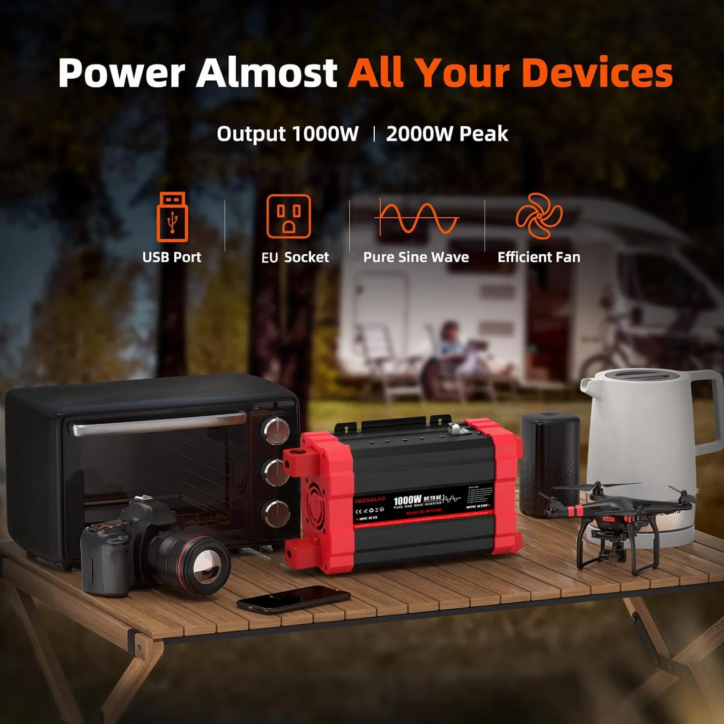 REDSOLAR Inverter Onda Sinusoidale Pura 1000W Picco 2000W Convertitore 12V DC a 220V 230V AC con Display LCD Porta USB Presa EU Pannello Remoto