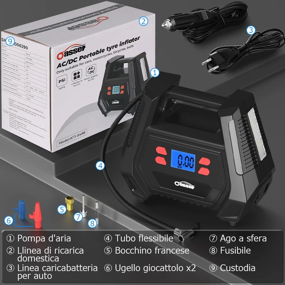 Oasser Compressore d'aria 12V 230V AC DC 2 in 1 Pompa ad aria auto 150 PSI Motore cilindro 22 mm Rame puro