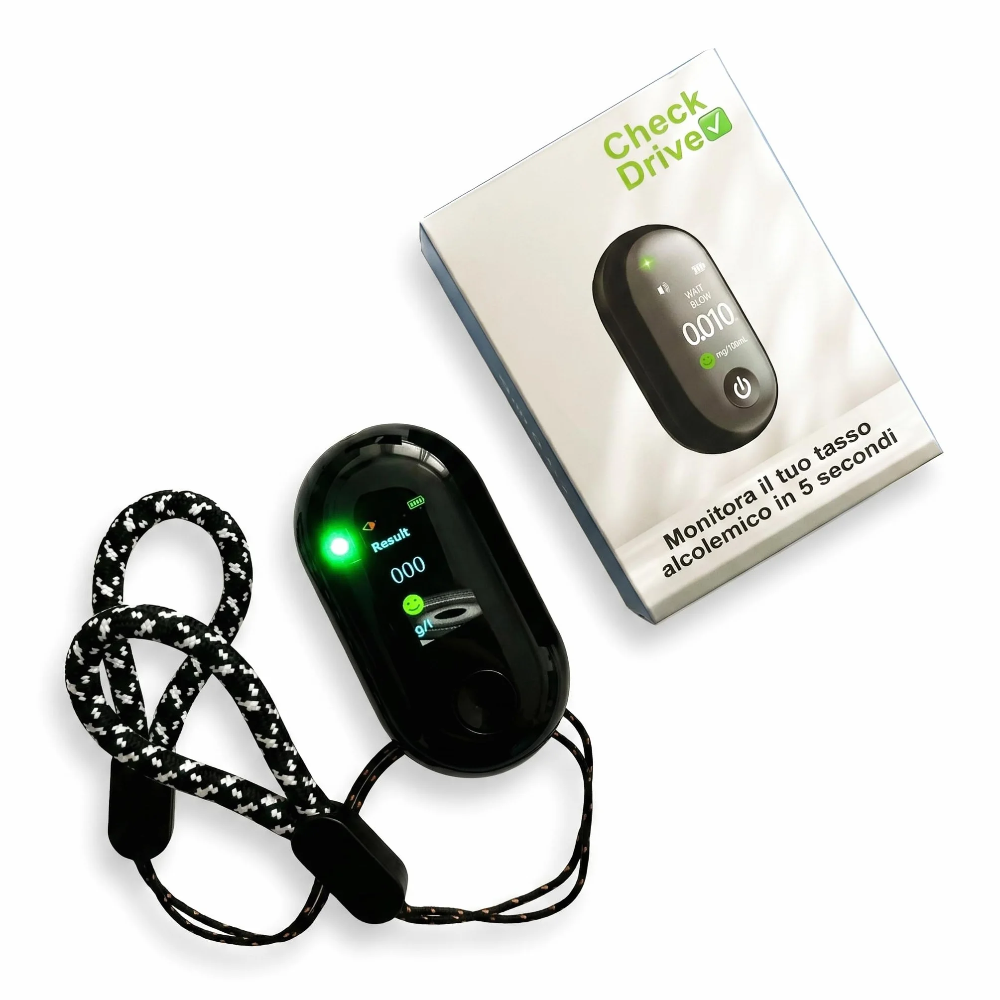 Generico CheckDrive Etilometro Portatile Digitale USB C con Avviso Vocale ITA/ENG Display LED Verde Giallo Rosso