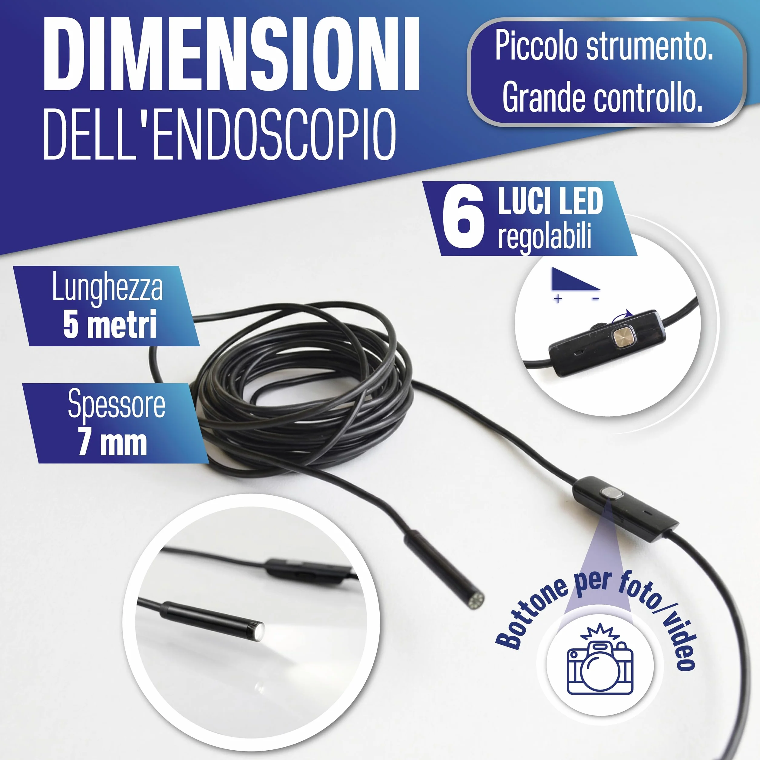 Endoscopio Smartphone 5m Full HD IP67 Impermeabile LED Regolabili USB-C Sonda Ispezione Tubi
