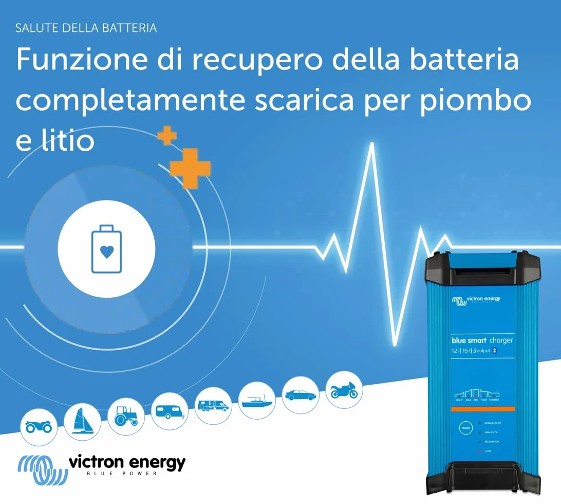 Victron Energy Blue Smart IP22 12-Volt 15 amp 230V, Caricatore Batteria a 3 Uscite CEE 7/7, Bluetooth