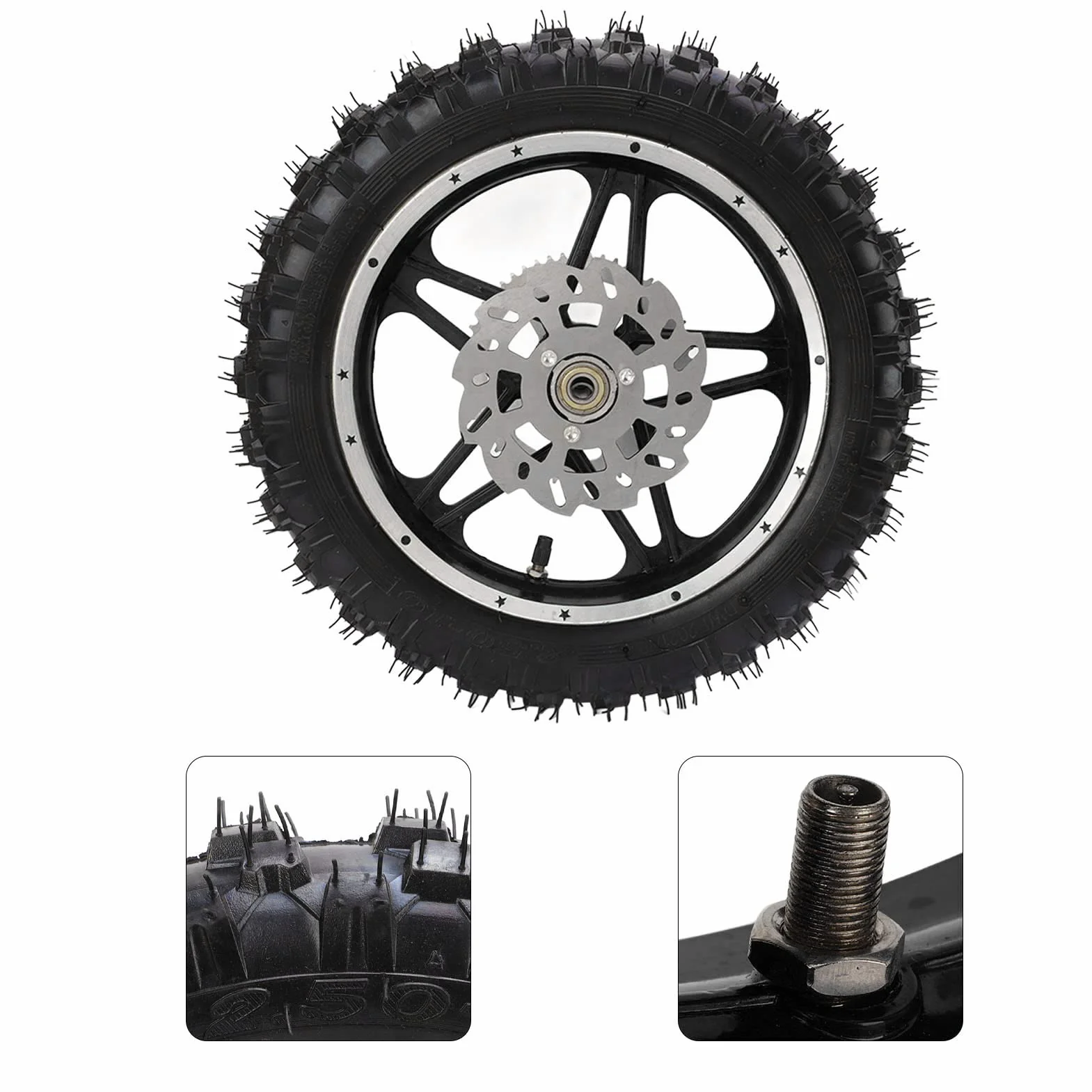 Gruppo ruota posteriore per moto da cross, pneumatico 2,5 x 10, costruzione in gomma e metallo con pignone a disco e cuscinetto