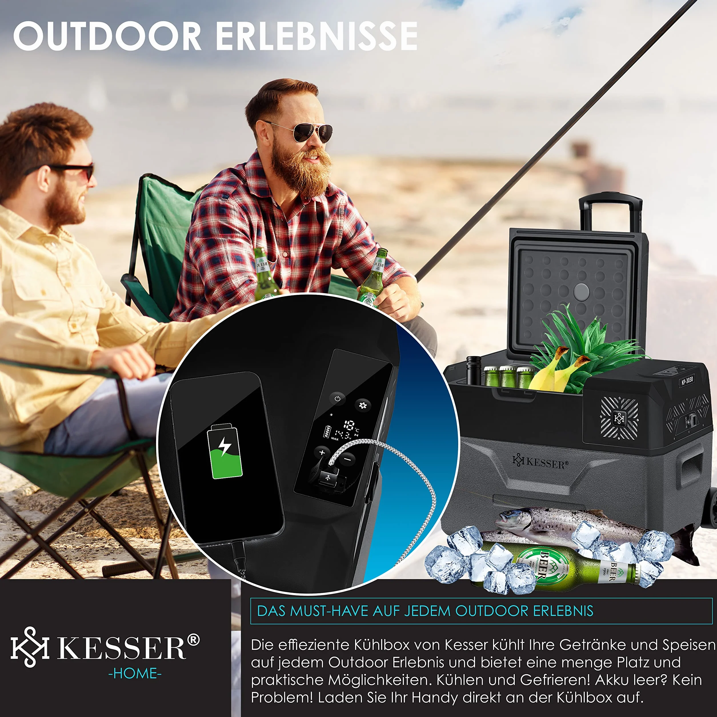 KESSER® Frigobar a compressore 30 litri Frigocongelatore Elettrico con Controllo Tramite App Connessione USB 12/24 V 230 V + Ruote telescopiche Frigorifero Raffreddamento Fino a -20 °C per Auto