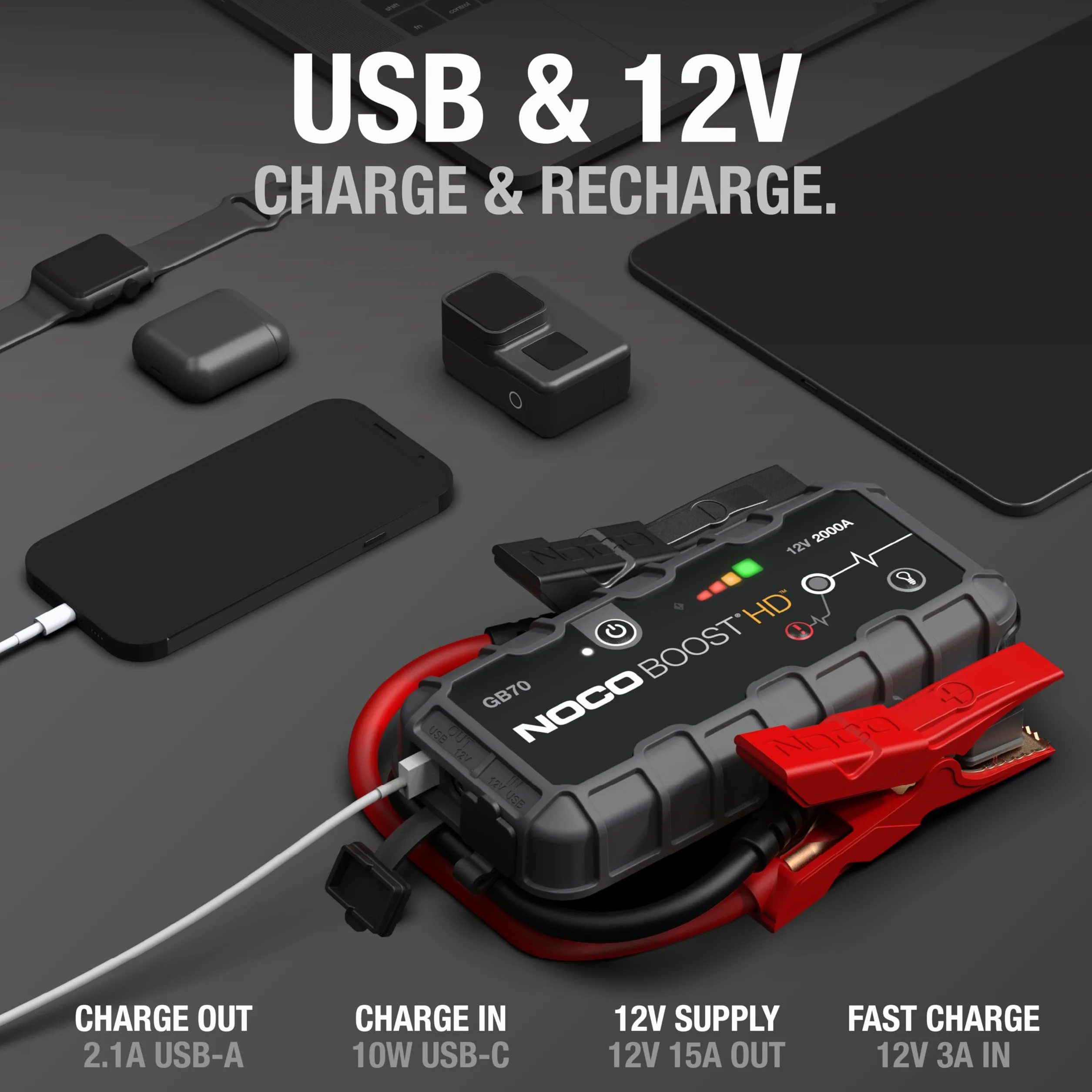 NOCO Boost GB70: Avviatore di Emergenza UltraSafe 2000A – Booster Batteria al Litio 12V, Caricabatteria Portatile Power Bank e Cavi Avviamento – Per Motori Benzina fino a 8.0L e Diesel fino a 6.0L